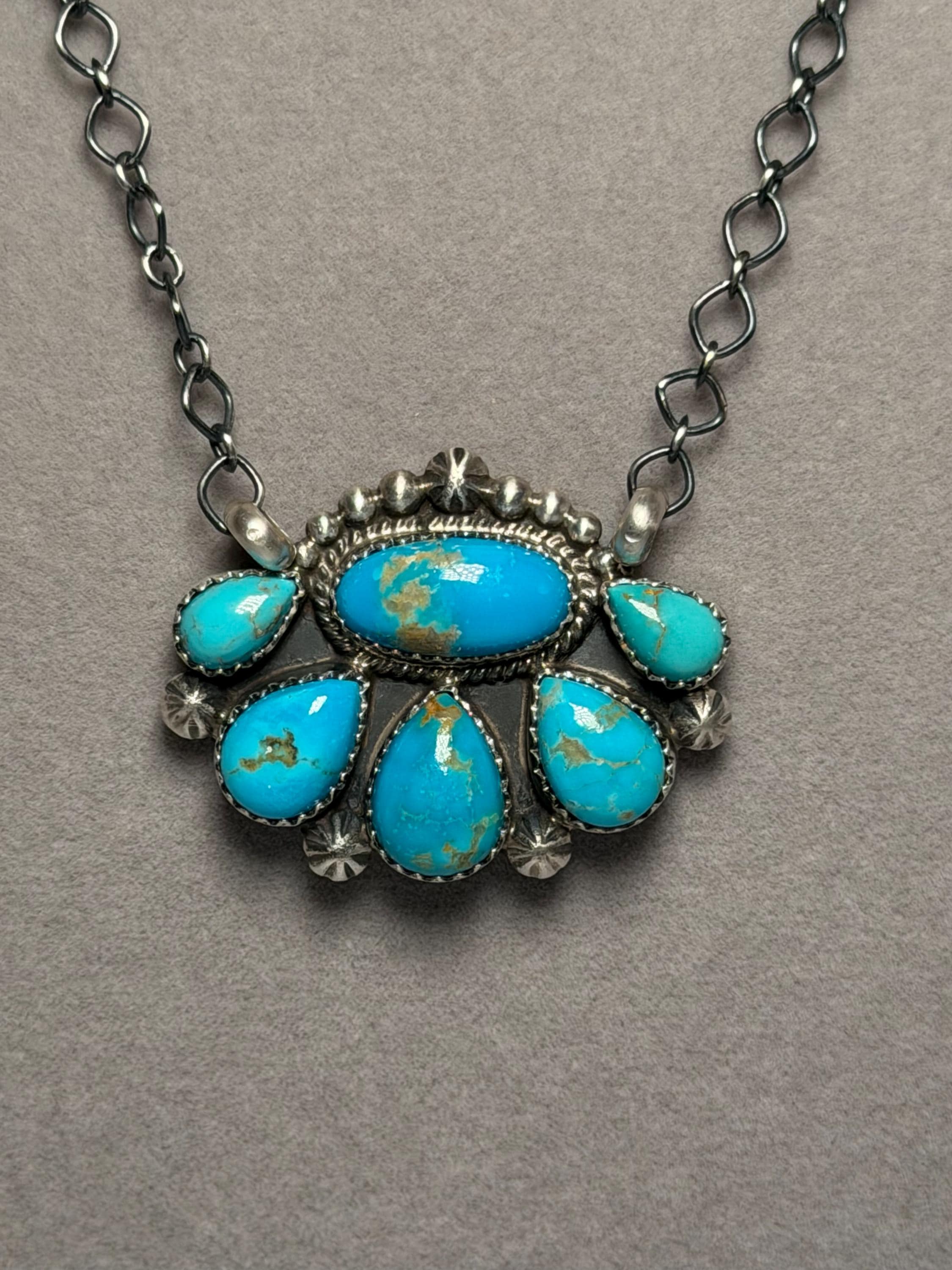 Jeff Largo Kingman Turquoise Half Cluster Necklace, Sterling Silver Southwest Statement (18 Inch Chain) 6