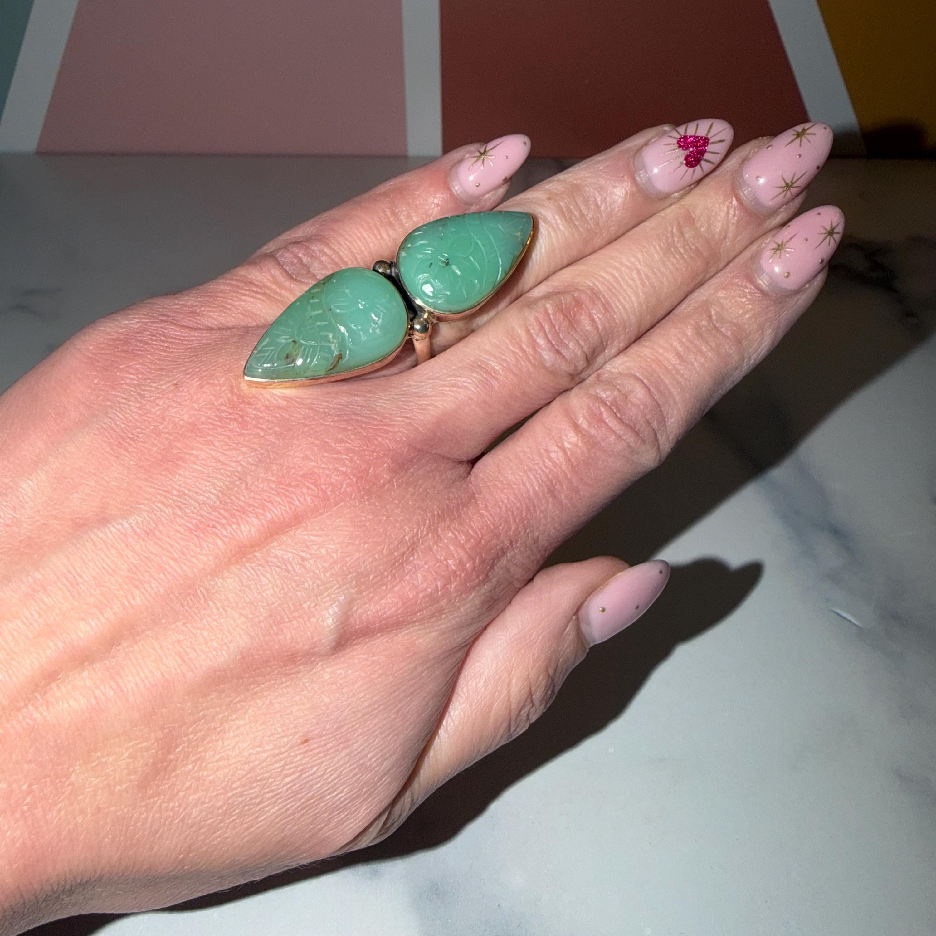 Double Carved Jade Statement Ring • 925 Sterling Silver • Boho Crystal Jewelry (Size 6) 3