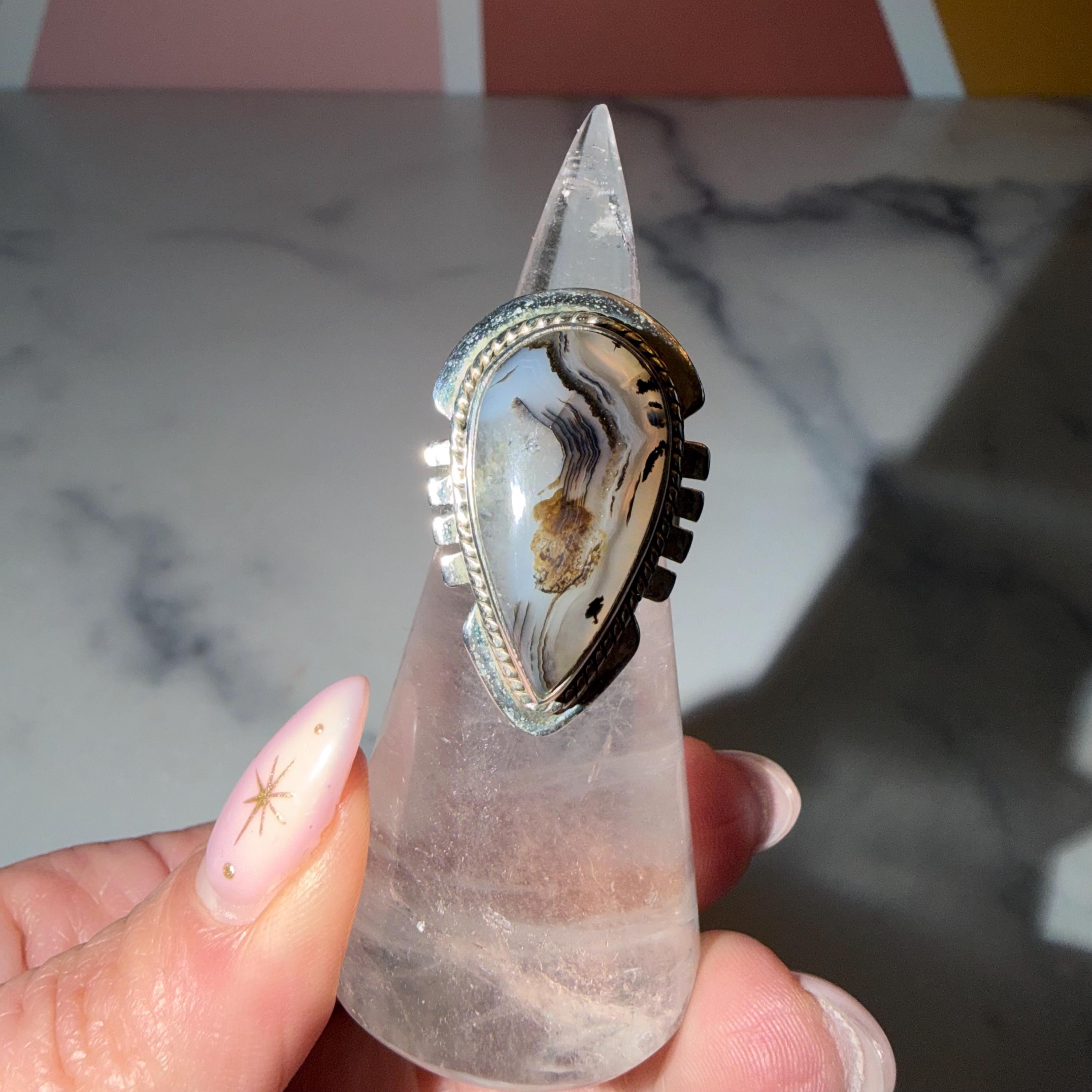 Montana Agate Teardrop Ring • Hammered Sterling Silver Statement Boho Jewelry (size 6.5) 2