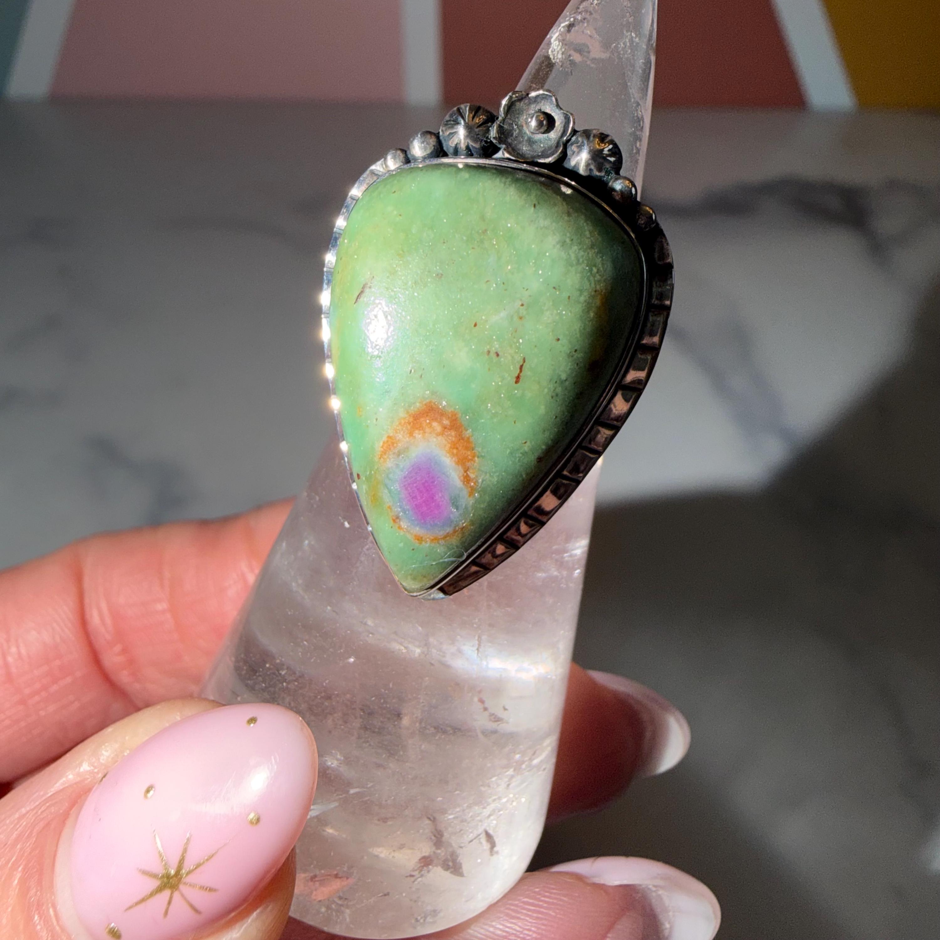 Large Ruby Fuchsite Teardrop Ring • Sterling Silver Floral Setting • Boho Statement Jewelry (Size 6.75) 2