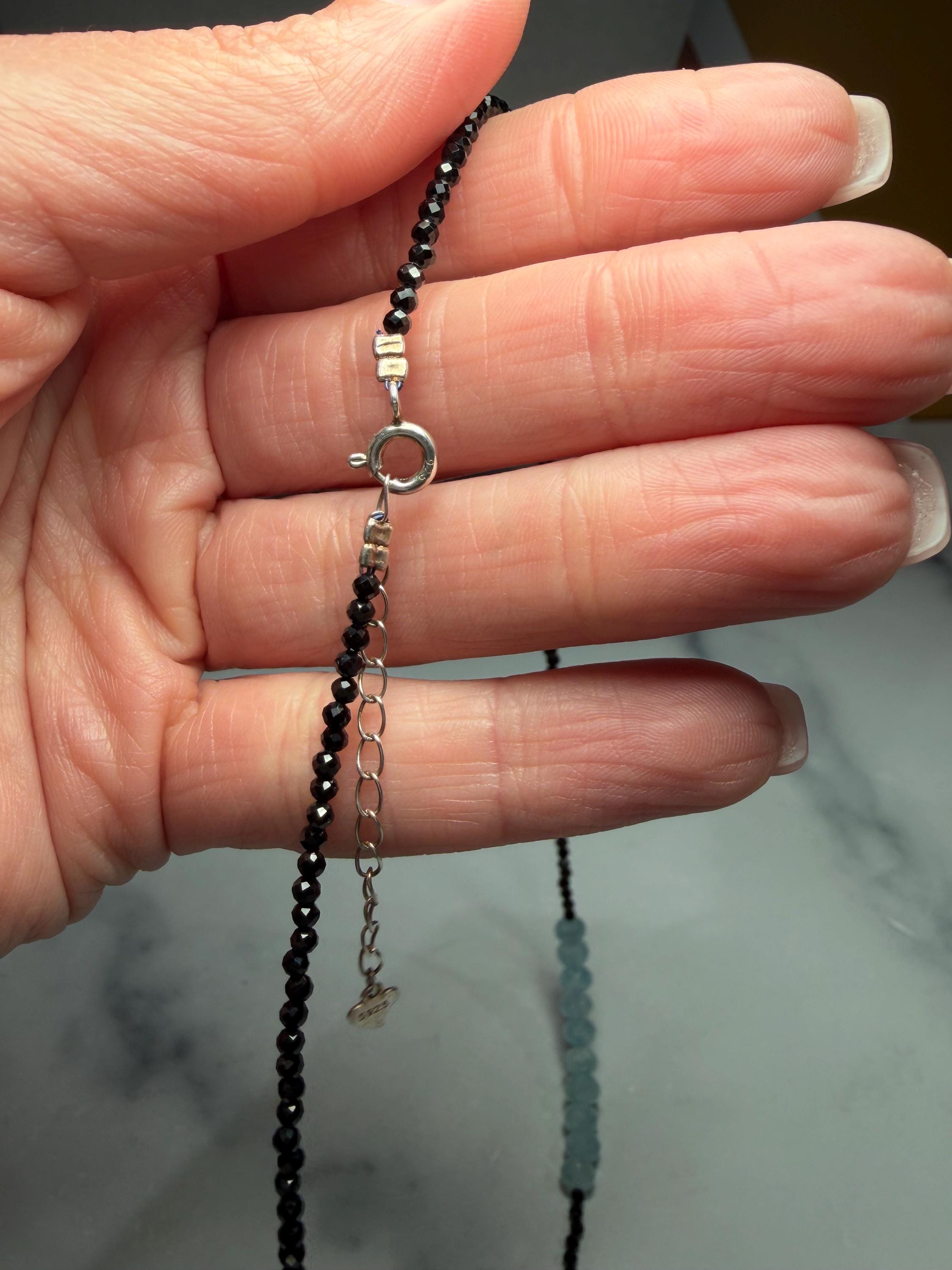 Faceted Black Spinel Aquamarine Sterling Silver Necklace (16 Inch + 2 Inch Extender) 7