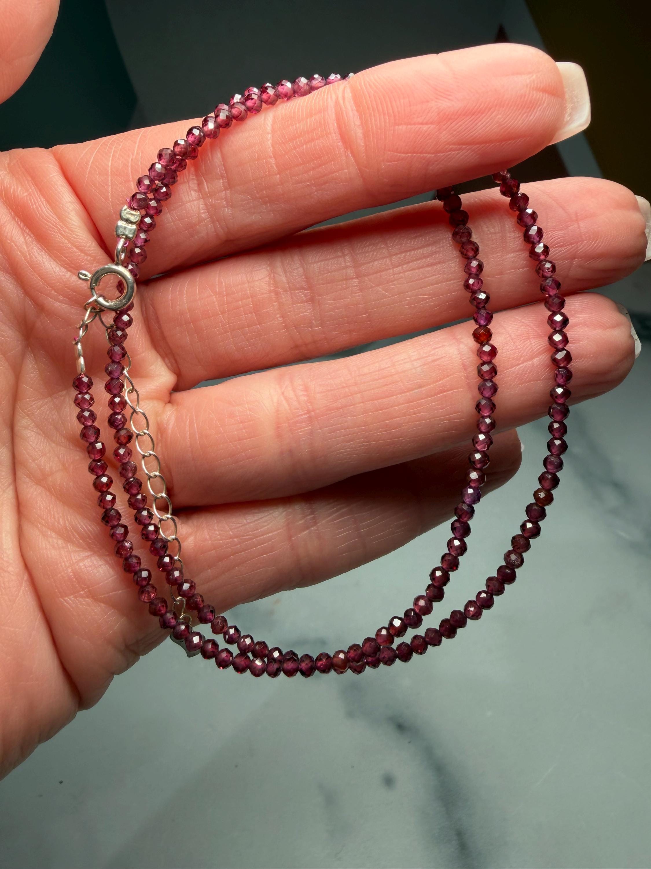 Faceted Garnet Beaded Necklace, 925 Sterling Silver, Dainty Red Gemstone, Adjustable Chain 3