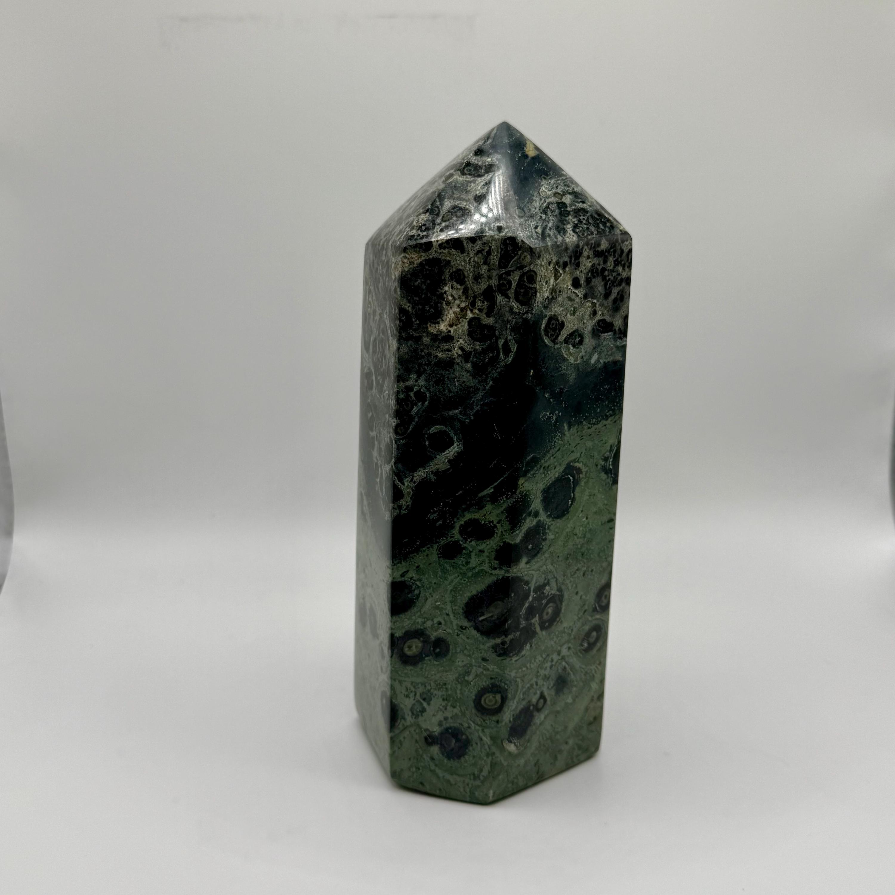 XL Kambaba Jasper Crystal Tower, Polished Green Orbicular Stone Obelisk, Spiritual Decor 3