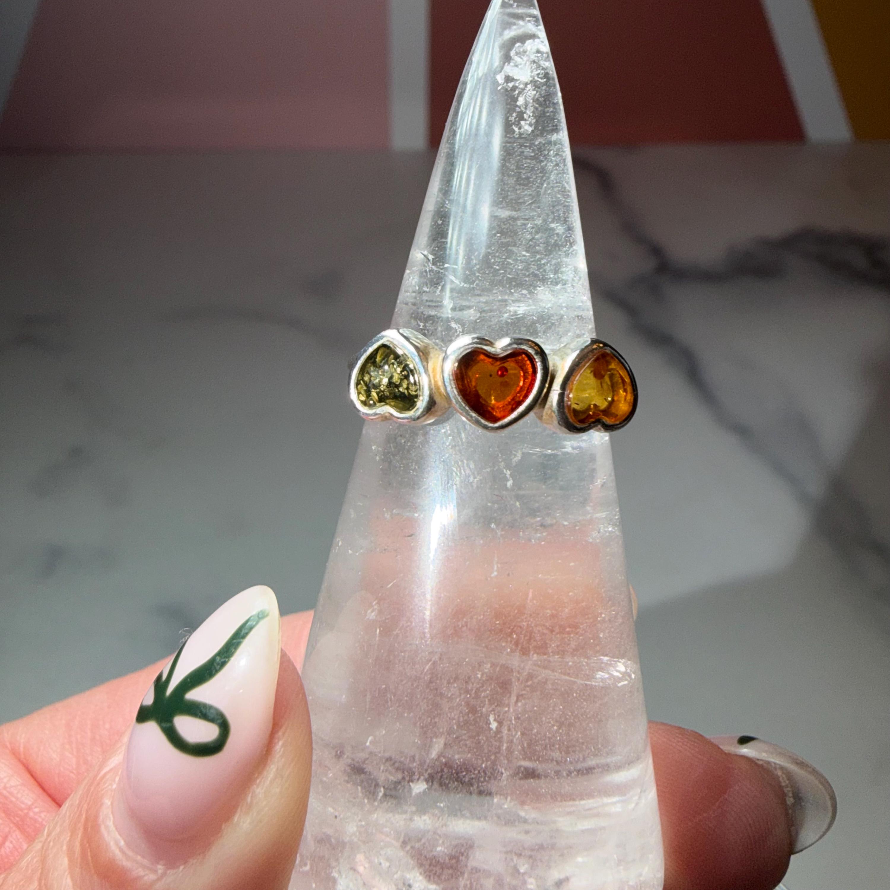 Multi-Stone Amber Heart Sterling Silver Ring • Red, Yellow, Green • Boho Baltic Jewelry Size 6.75