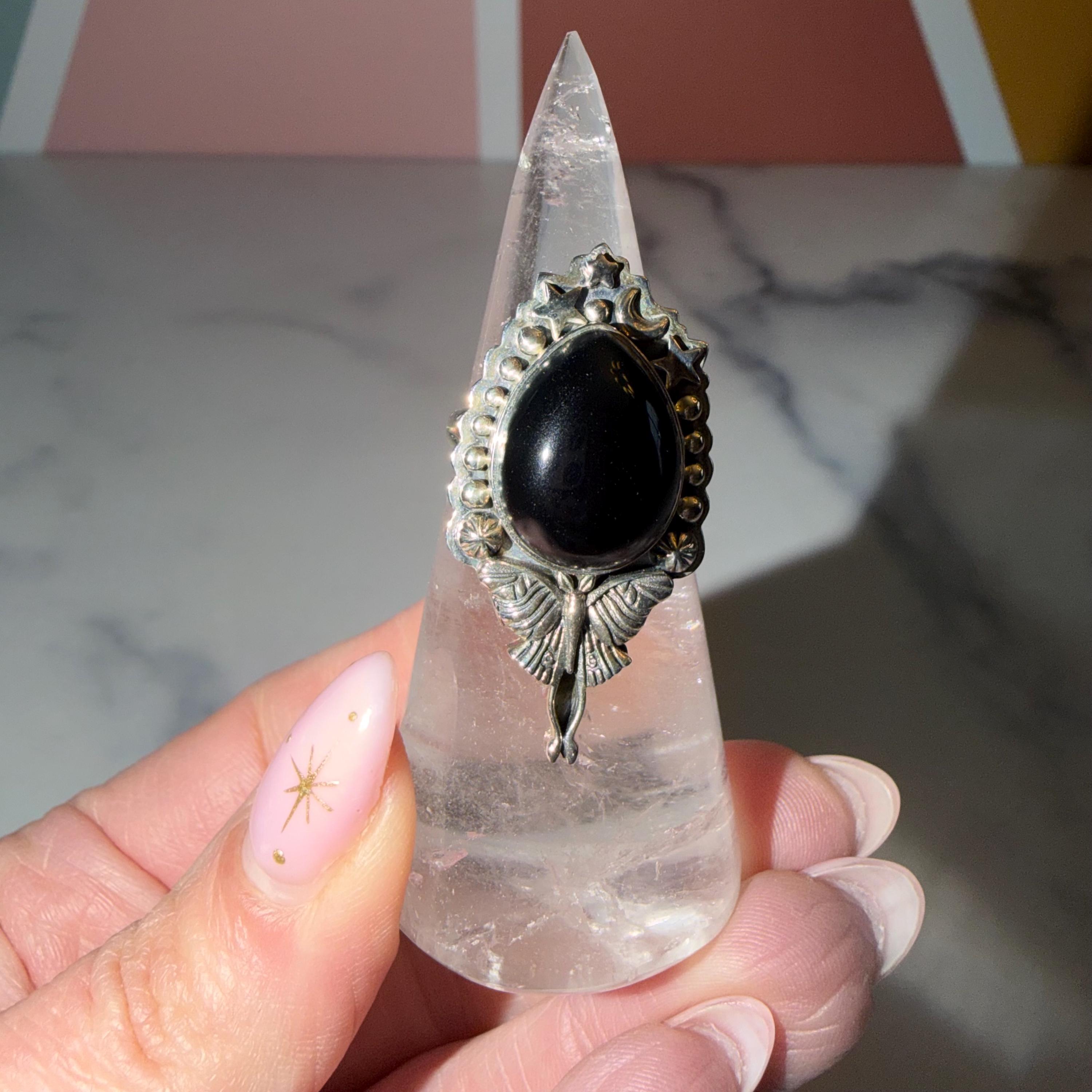 Black Onyx Luna Moth Ring • 925 Sterling Silver • Gothic Boho Statement Jewelry (Size 7) 2