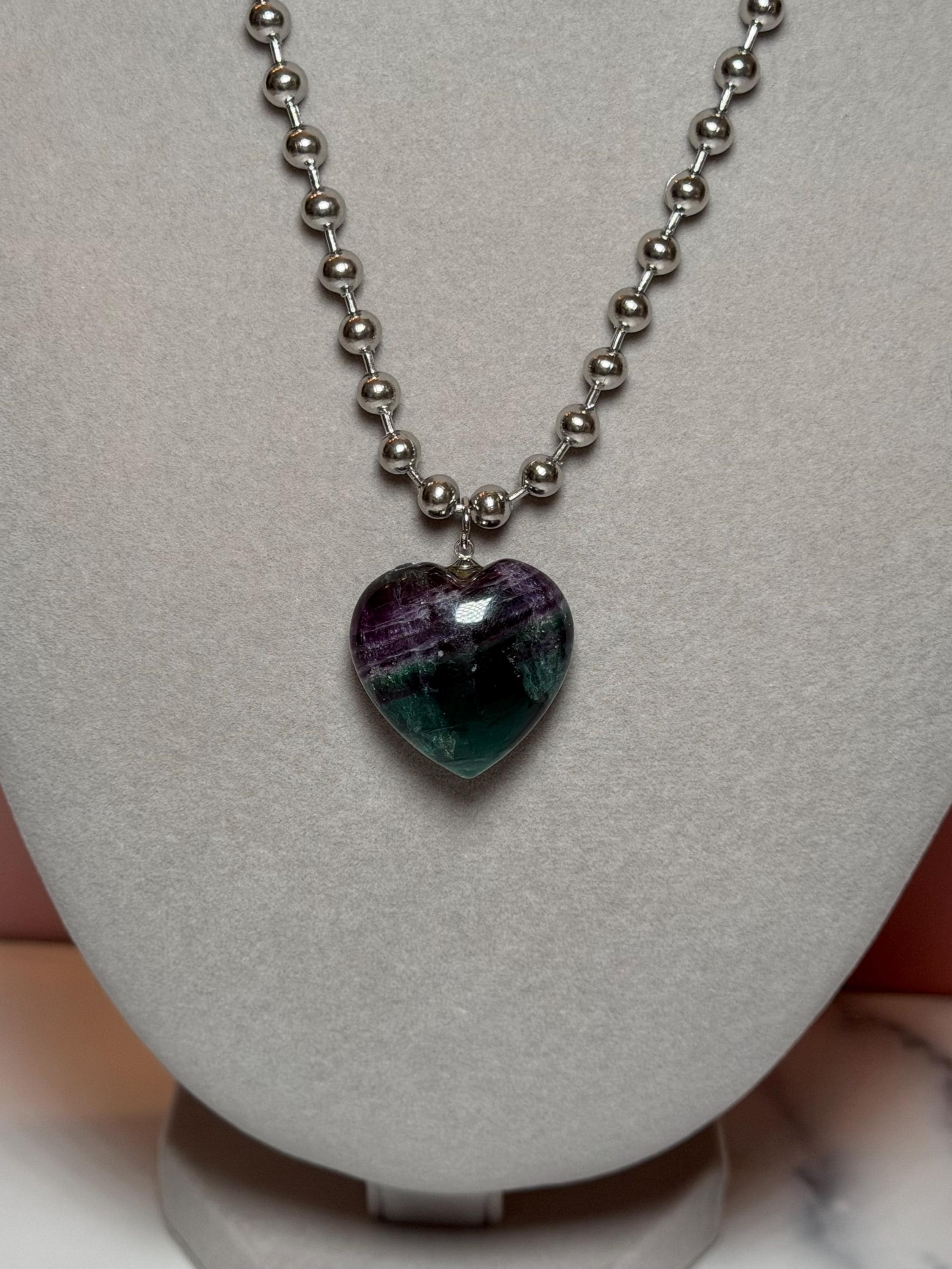 Fluorite Heart Necklace, Sterling Silver Ball Chain, Multicolor Gemstone Pendant 4