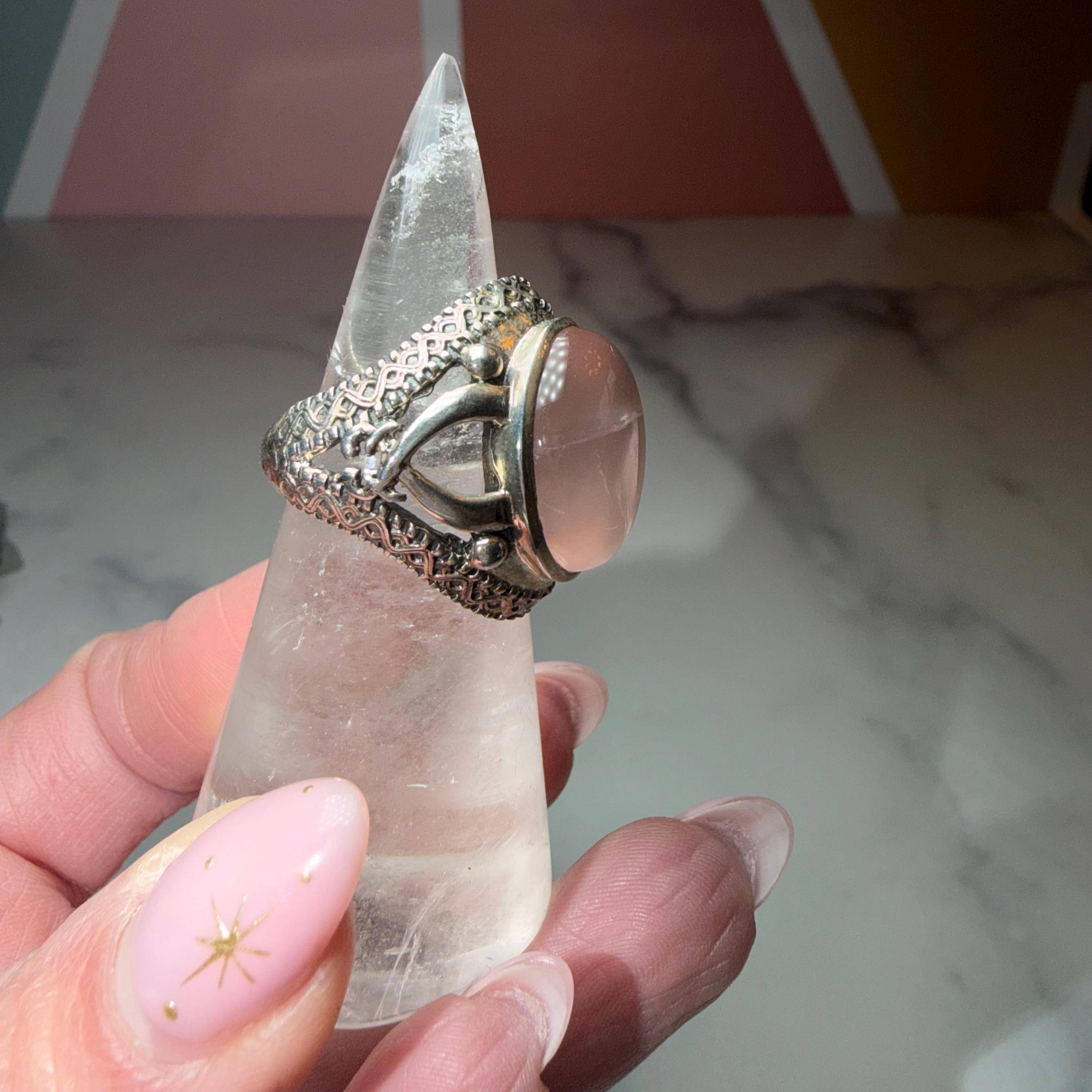 Large Rose Quartz Ring, Ornate 925 Sterling Silver, Statement Crystal Jewelry Size 7 4