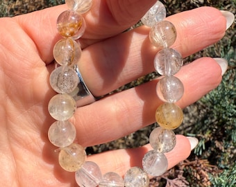 Dendritic Quartz with Gold Healer Inclusions Stretch Beaded Bracelet, Crystal Beaded Jewelry (9mm)