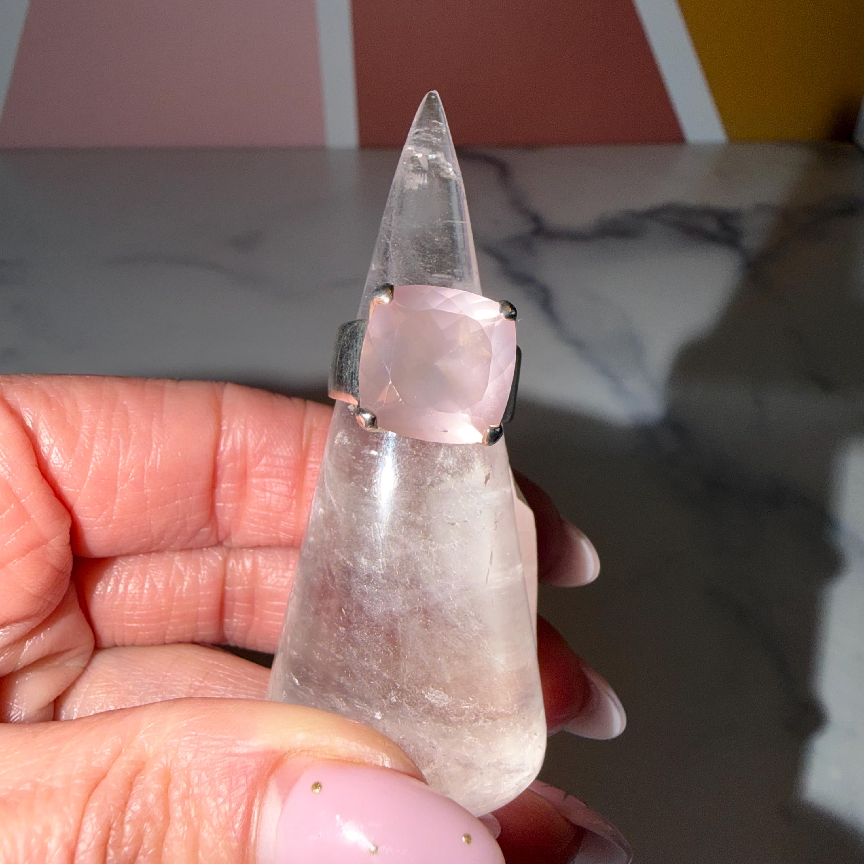 Faceted Rose Quartz Square Ring, Sterling Silver, Love Stone Jewelry (Size 6) 2