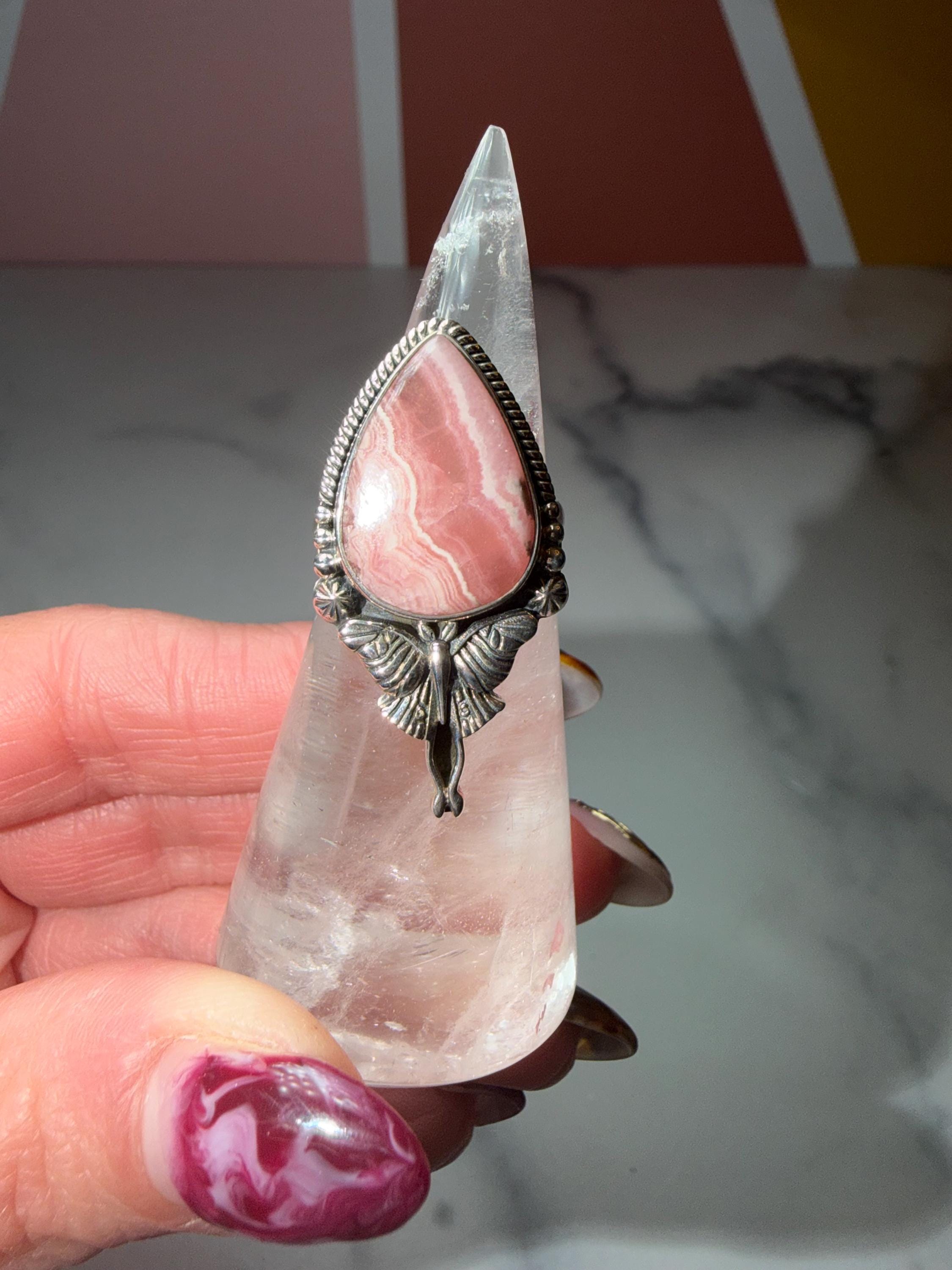 Rhodochrosite Luna Moth Ring • Sterling Silver Celestial Statement Jewelry (size 7) 4
