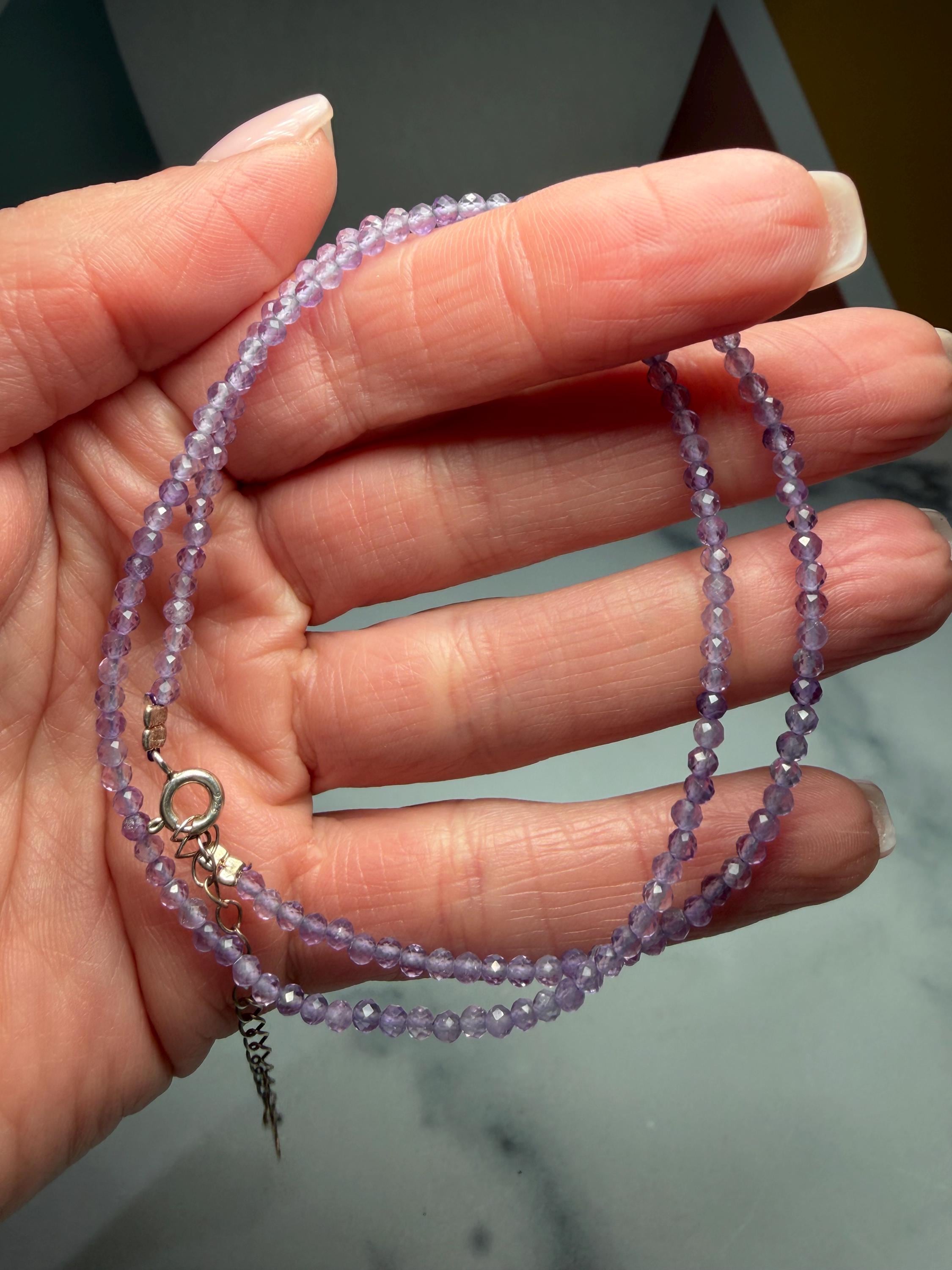Faceted Amethyst Beaded Necklace, 925 Sterling Silver, Dainty Purple Gemstone, Adjustable Chain 5