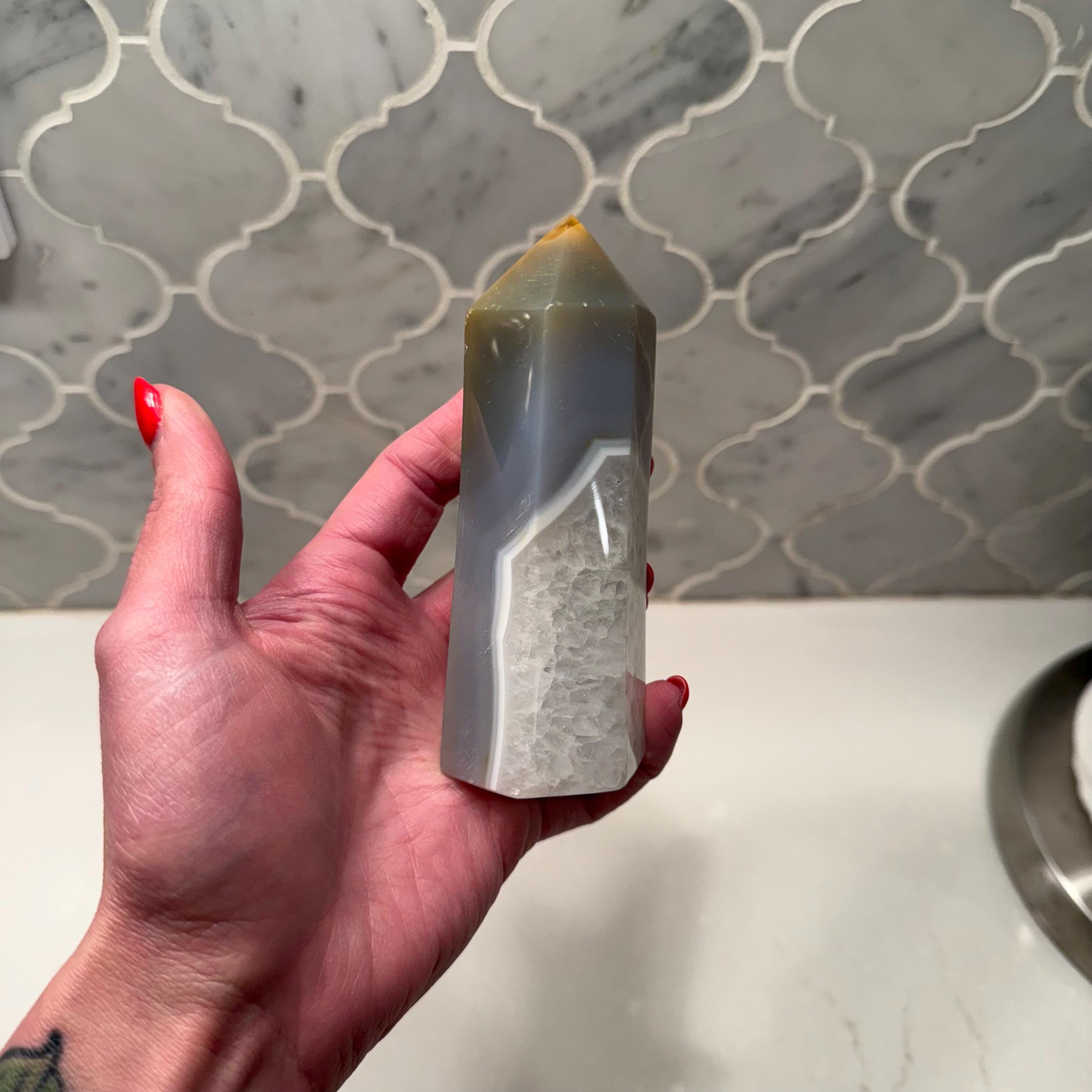 Blue Banded Agate Quartz Crystal Tower, Polished Standing Point, Natural Healing Stone Obelisk