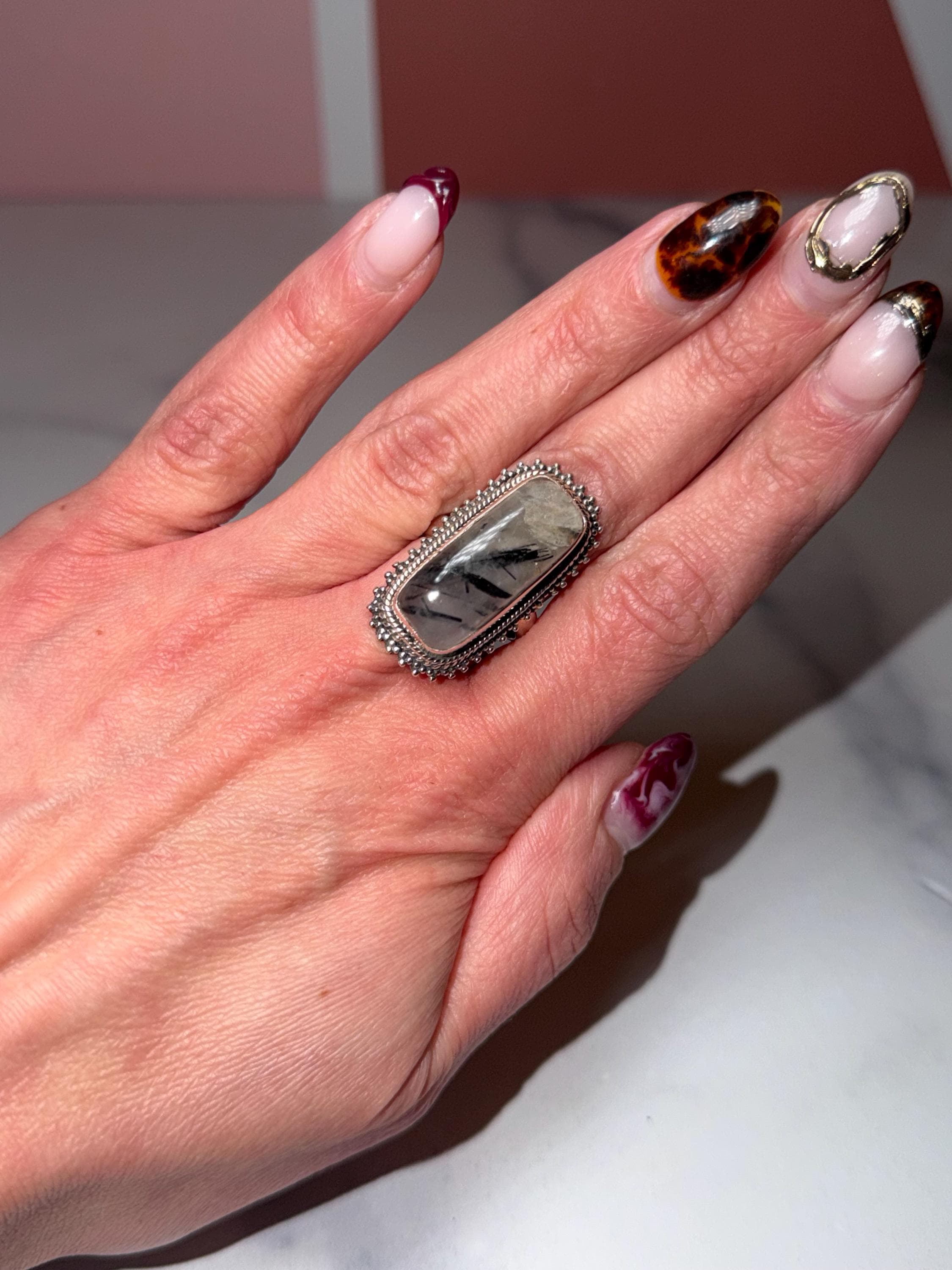 Sterling Silver Tourmaline Quartz Ring • Size 7 Statement Gemstone Boho Jewelry 2