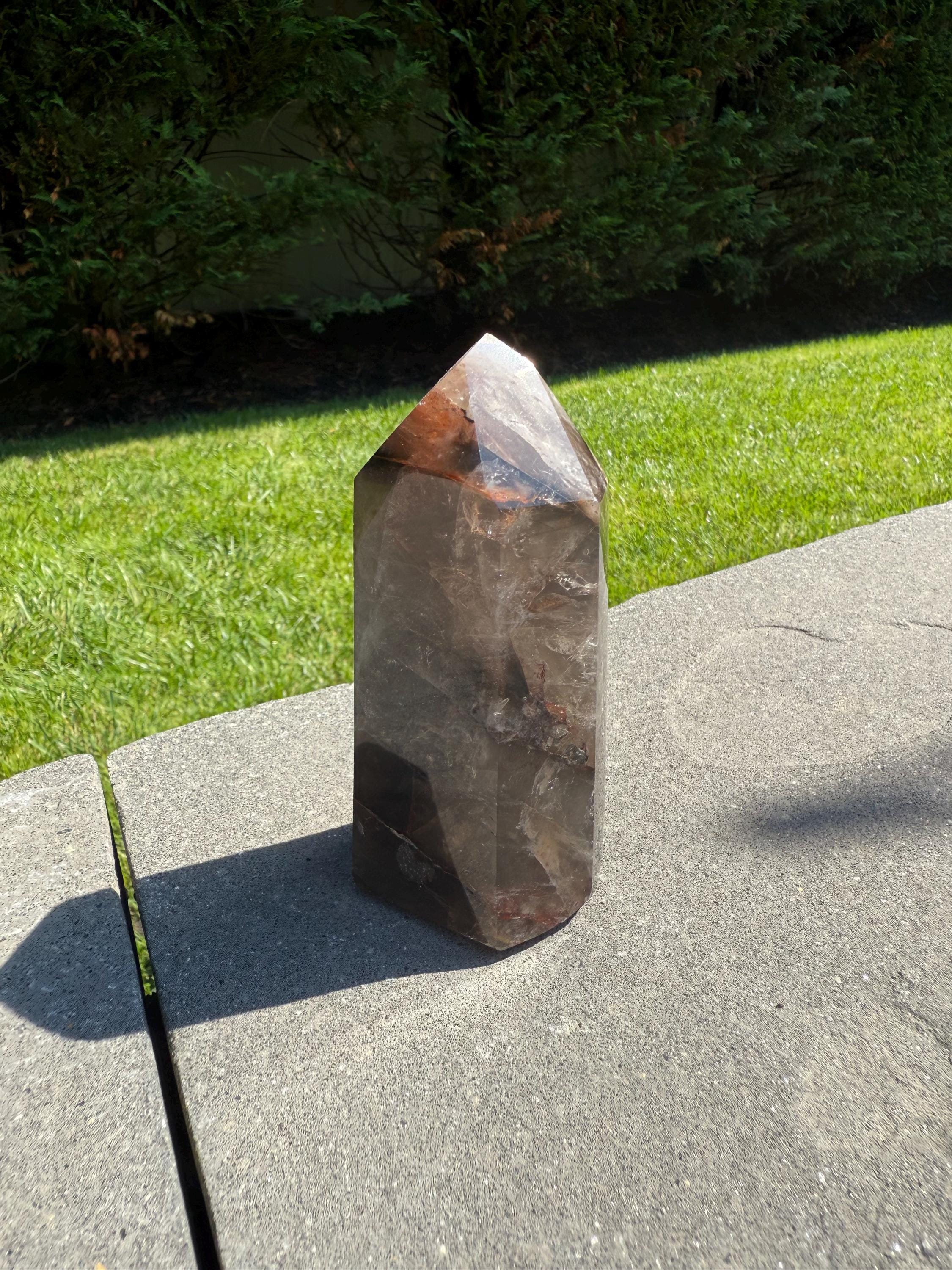 Fire Quartz & Smoky Quartz Crystal Tower from Madagascar: Grounding and Energizing Stone Point 8