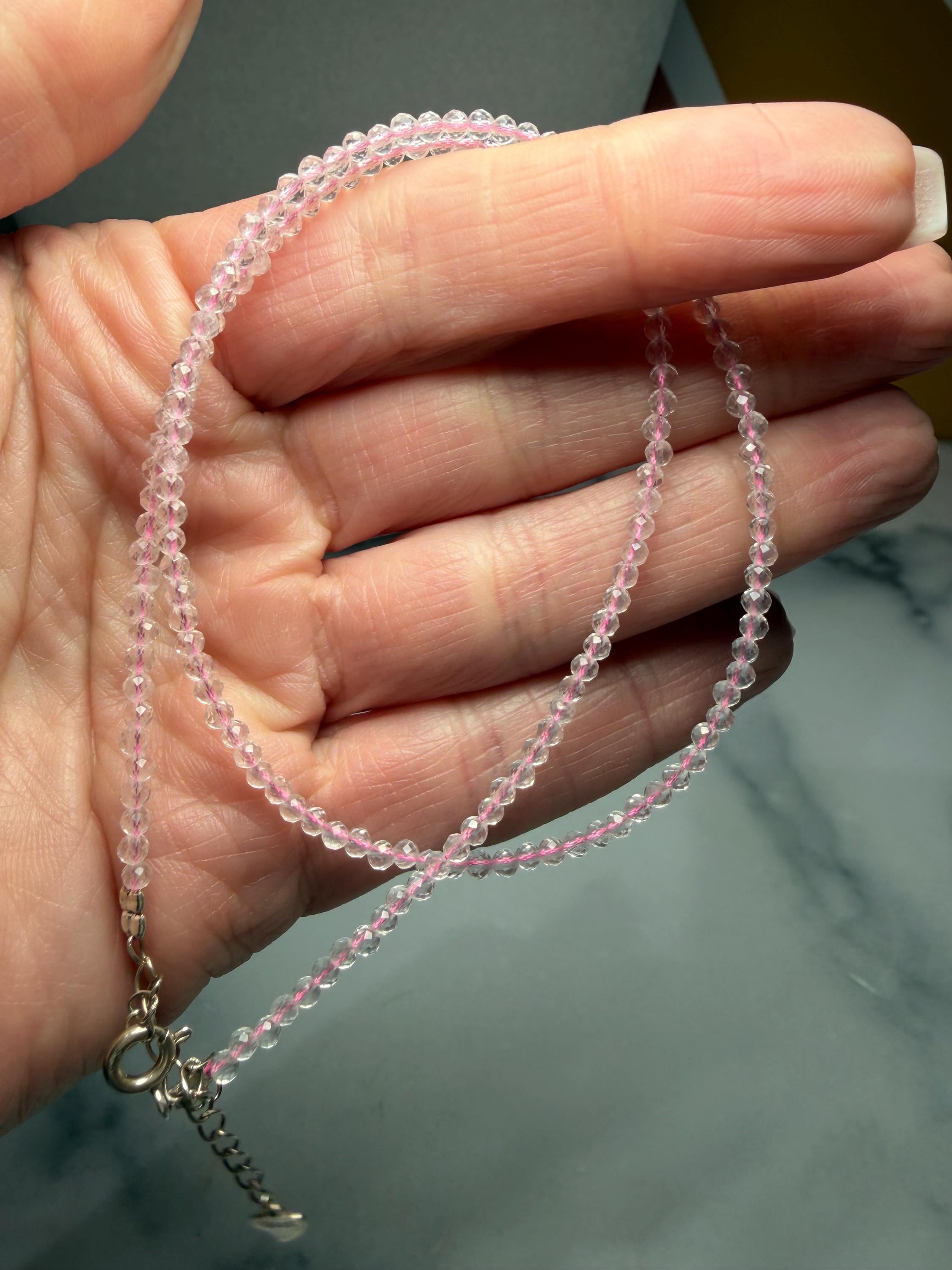 Faceted Rose Quartz Beaded Necklace, Sterling Silver Chain, Dainty Pink Gemstone, Adjustable Length 4