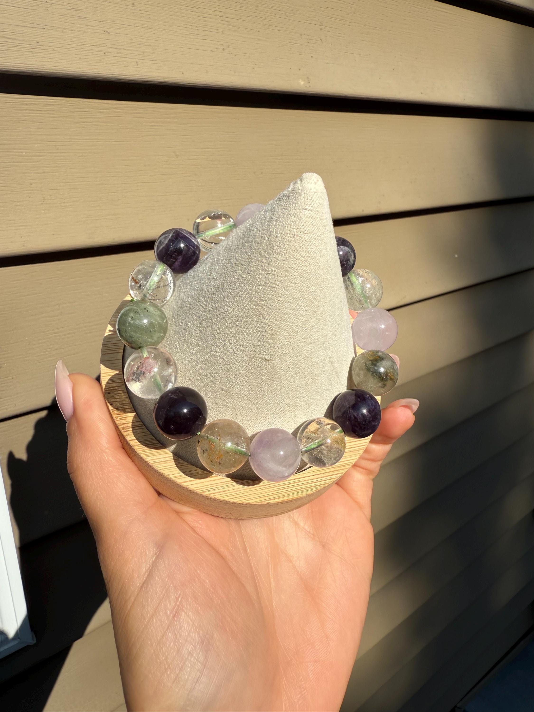 Garden Quartz, Purple Amethyst, and Rose Quartz 14mm Gemstone Bracelet Balance Energy 5