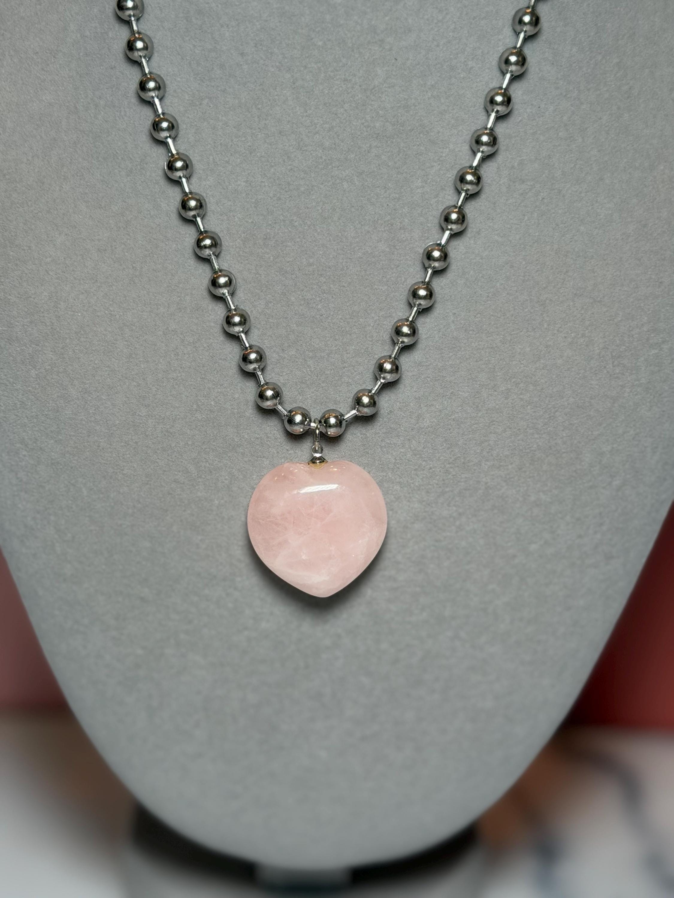 Rose Quartz Heart Pendant Necklace, Sterling Silver Ball Chain, 17 Inch Length 5