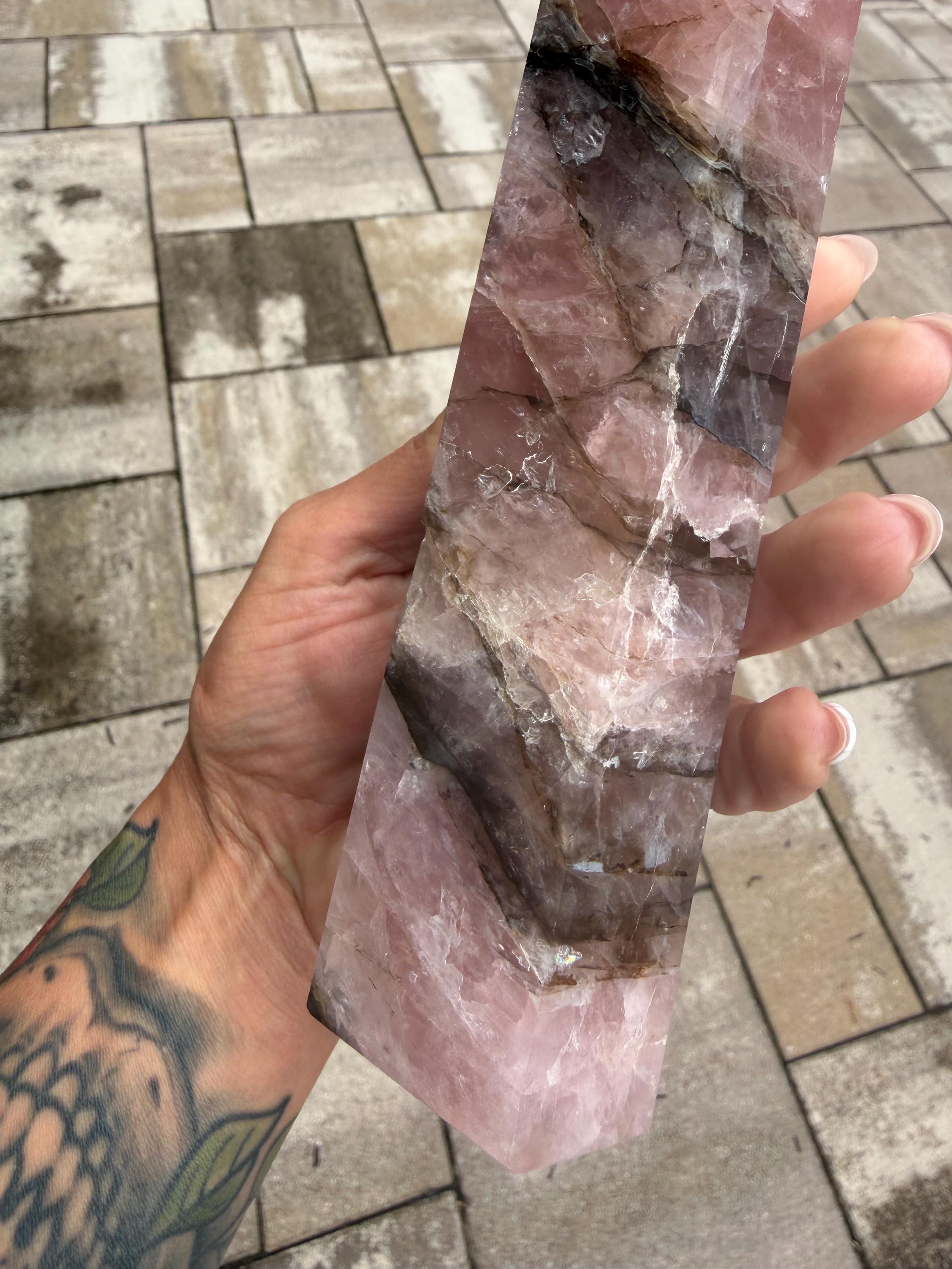 XL Rose Quartz Tower with Black Mineral Inclusions 9