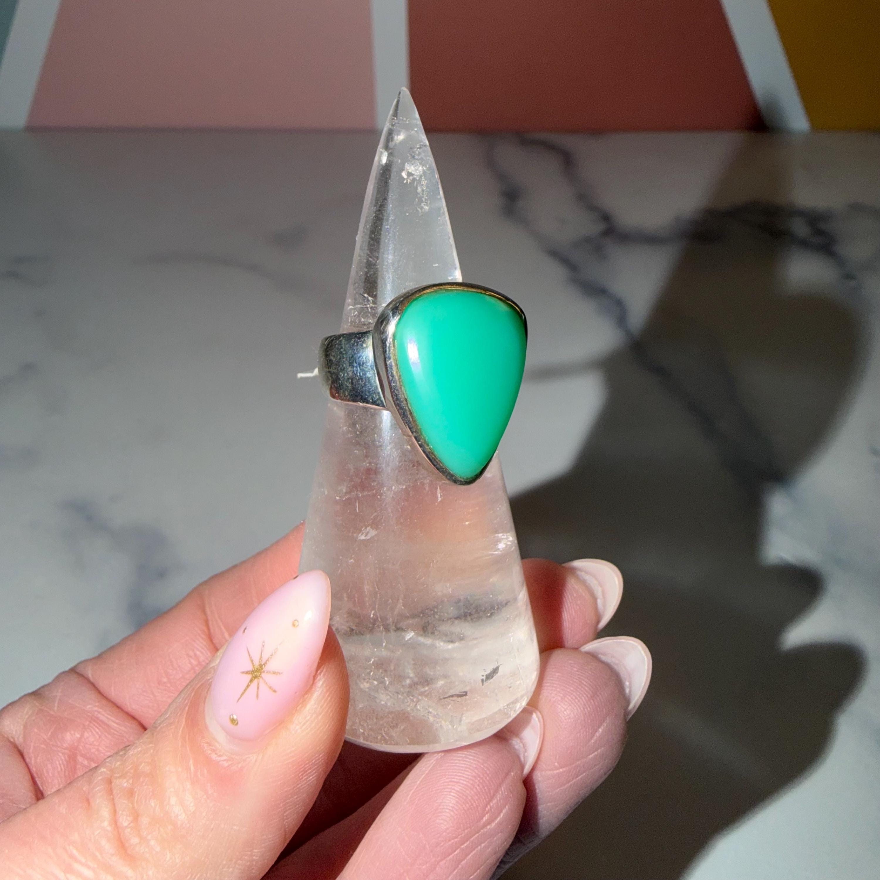 Chrysoprase Sterling Silver Ring • Boho Green Gemstone Statement Jewelry (Size 7) 4
