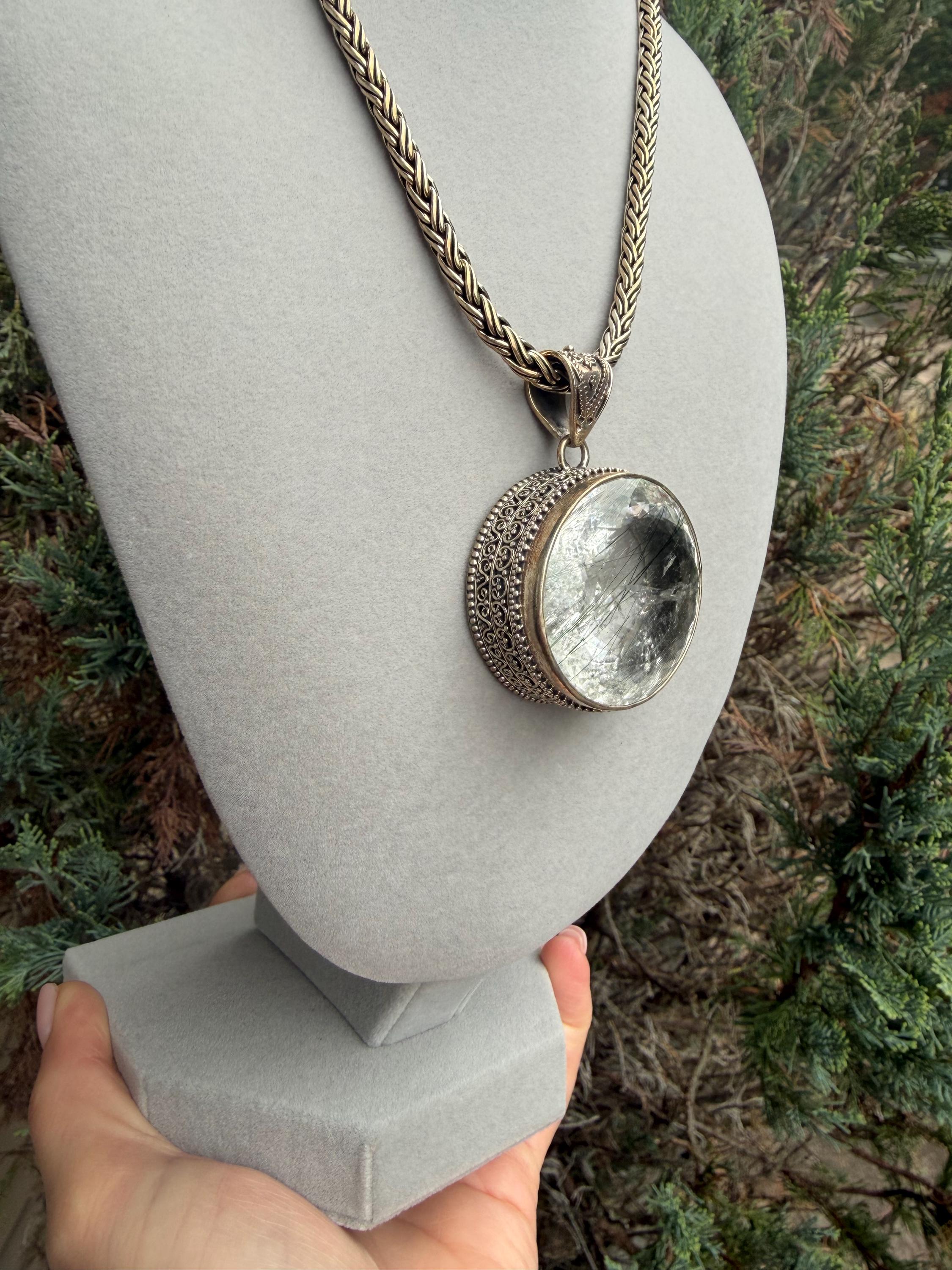 Faceted Rutilated Quartz Pendant, Black Rutile Sterling Silver Ornate Necklace 4