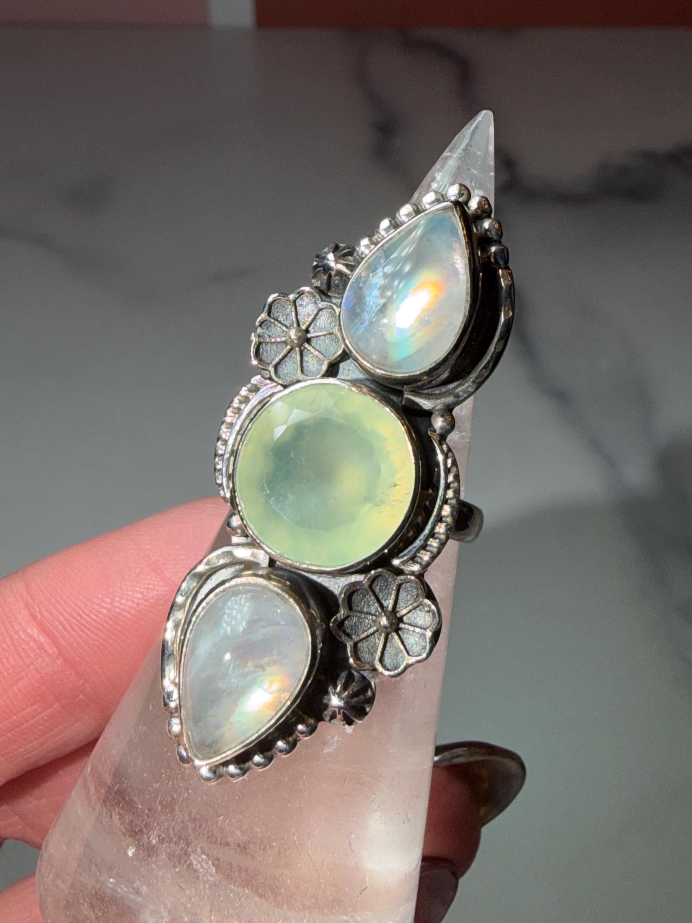 Triple Prehnite Moonstone Floral Ring • Sterling Silver Boho Statement Gemstone (Size 7) 2
