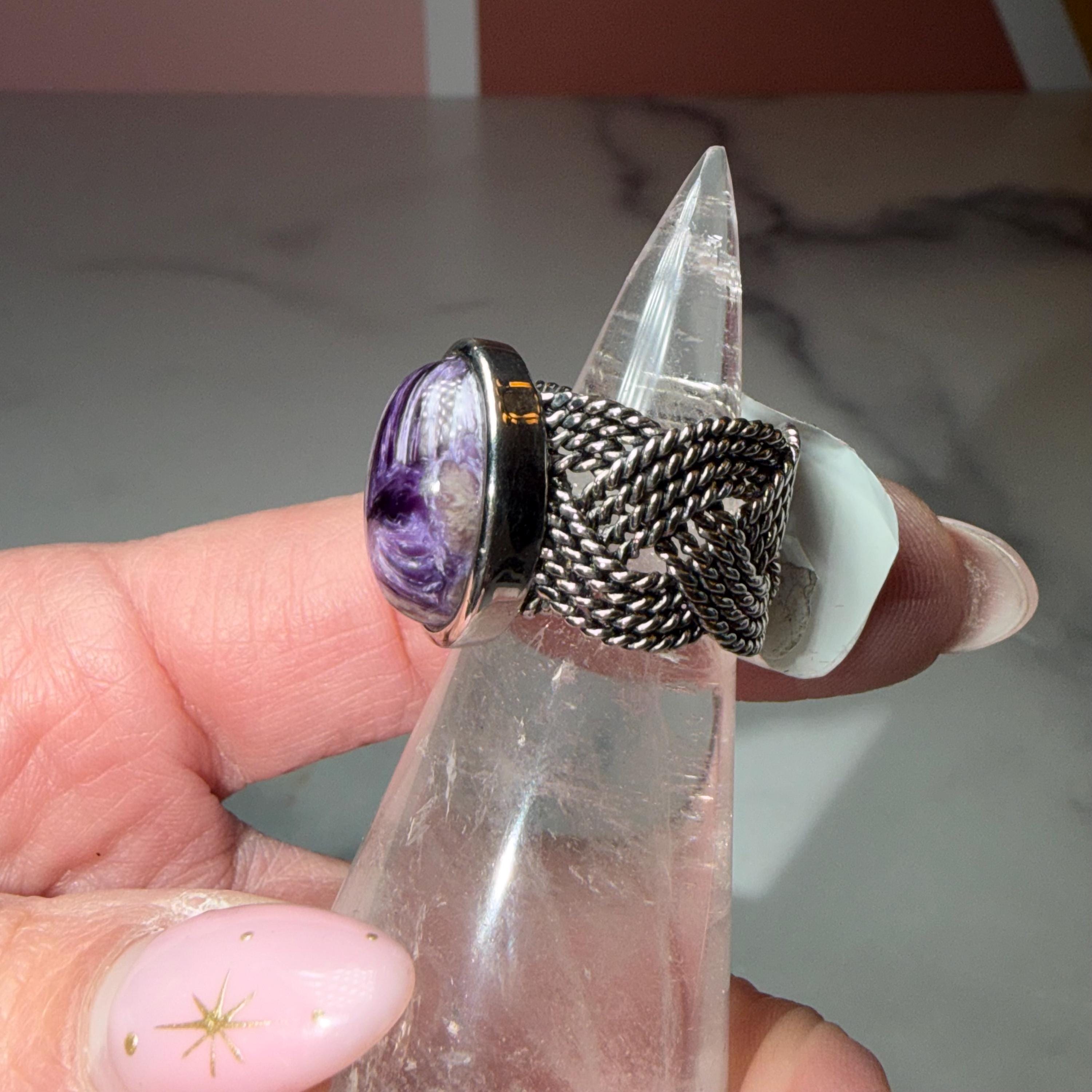 Chariote Sterling Silver Ring, Braided Band, Genuine Charoite Gemstone Size 6 3