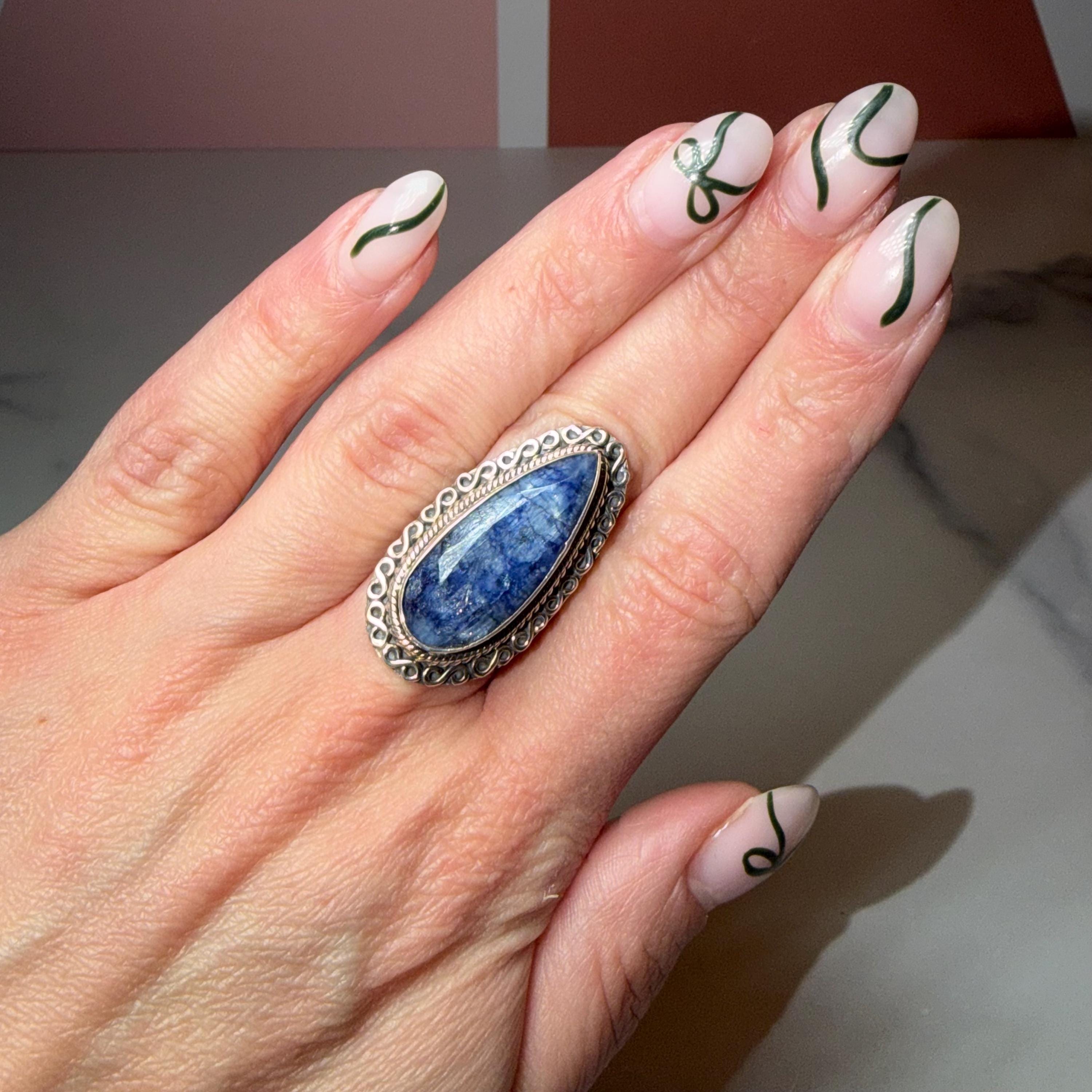 Large Blue Kyanite Statement Ring • Sterling Silver Double Shank Band (Size 7) 6