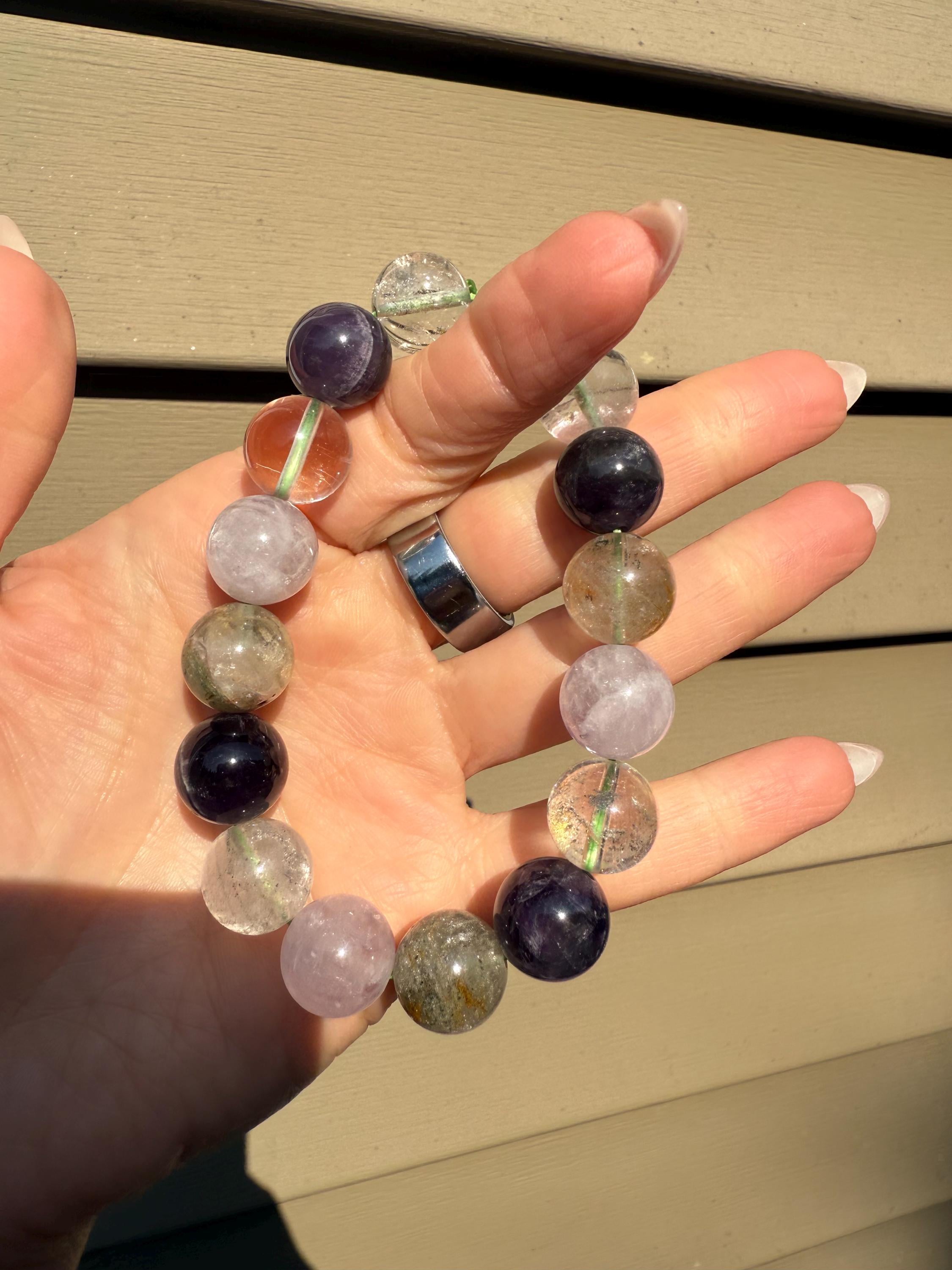 Garden Quartz, Purple Amethyst, and Rose Quartz 14mm Gemstone Bracelet Balance Energy