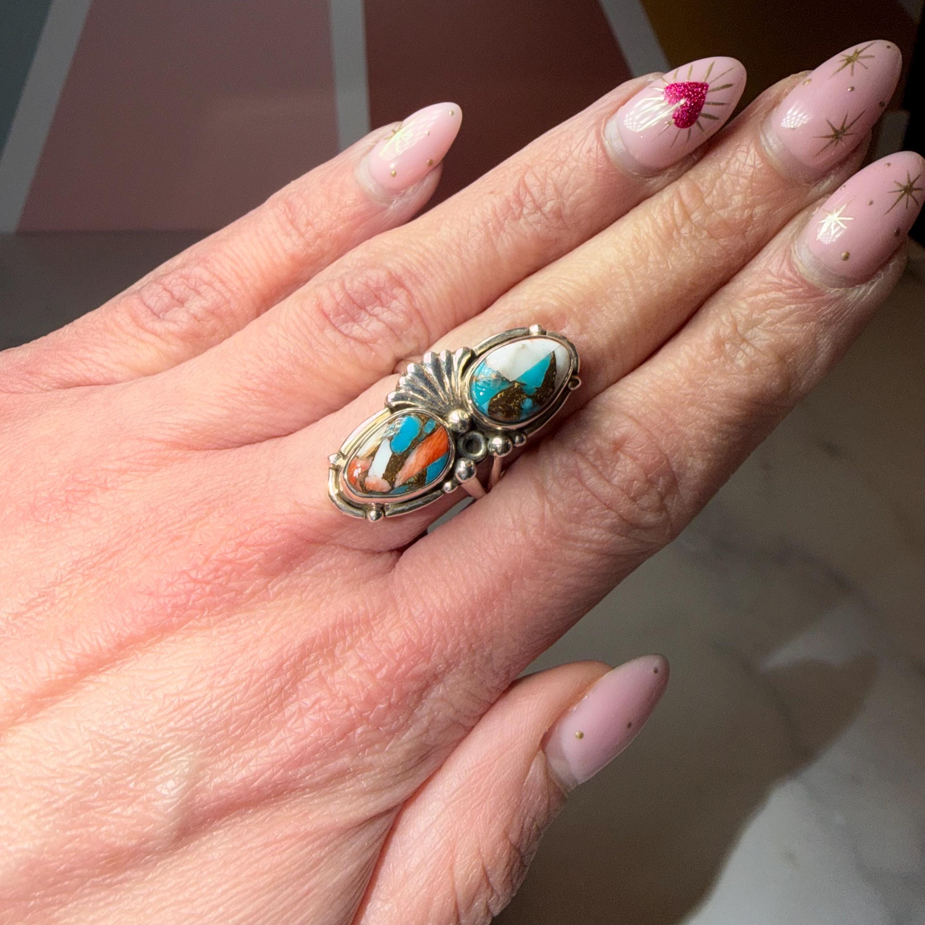 Spiny Oyster Turquoise Sterling Silver Statement Ring Size 7 Southwestern Style