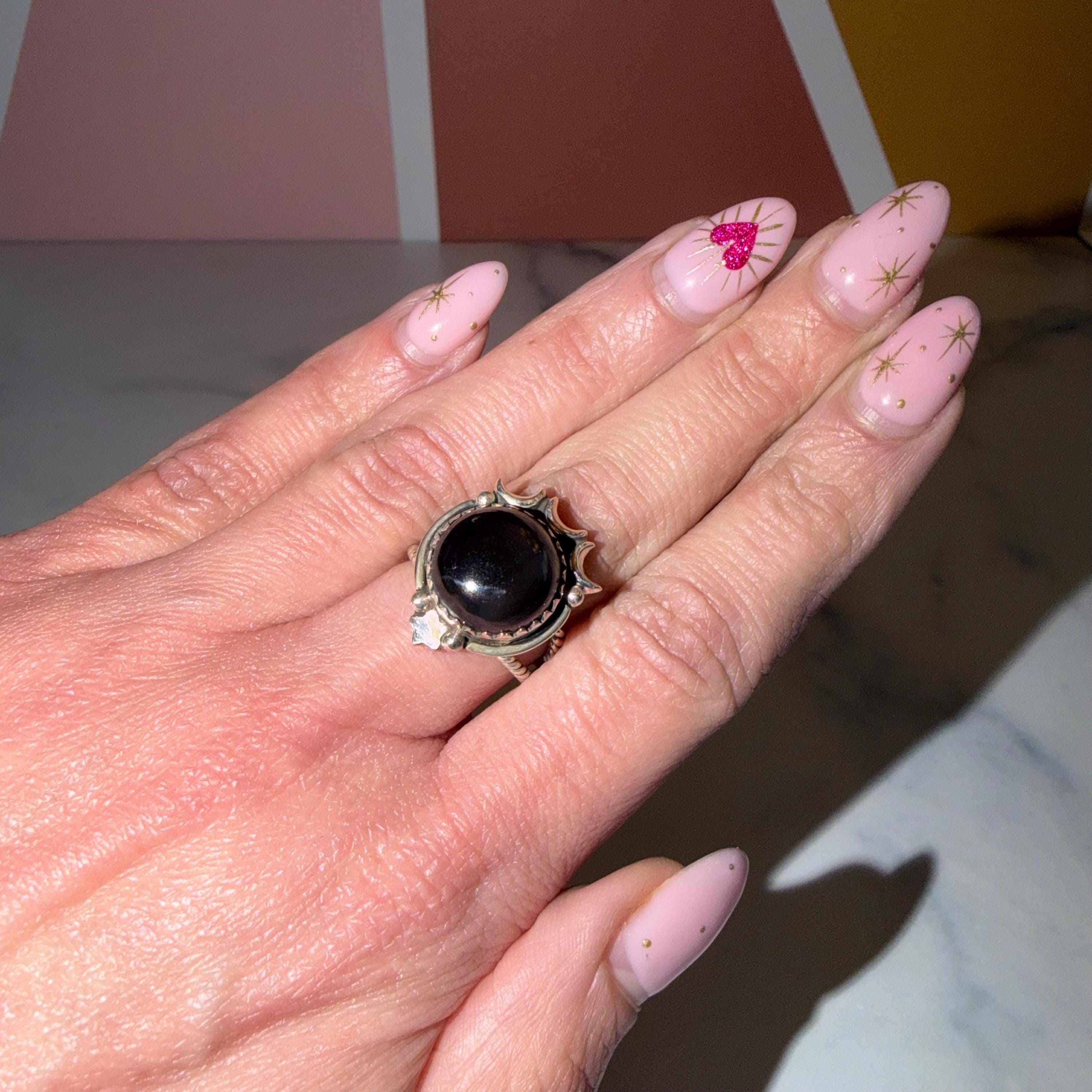 Black Onyx Celestial Ring • Sterling Silver Moon Star Statement Jewelry (size 6.5) 2