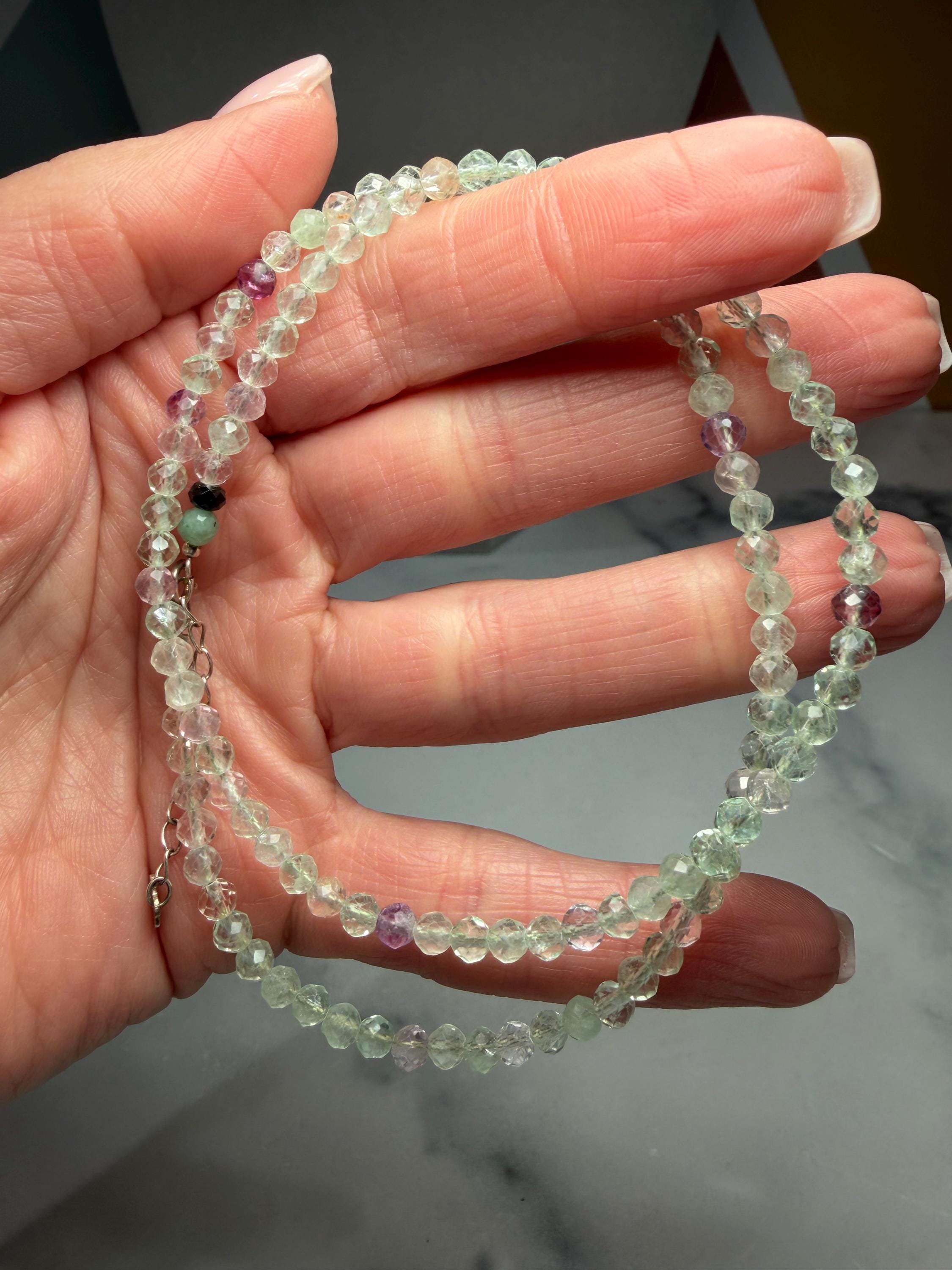 Faceted Fluorite Beaded Necklace, Sterling Silver Chain, Multicolor Gemstone, Adjustable Length 3