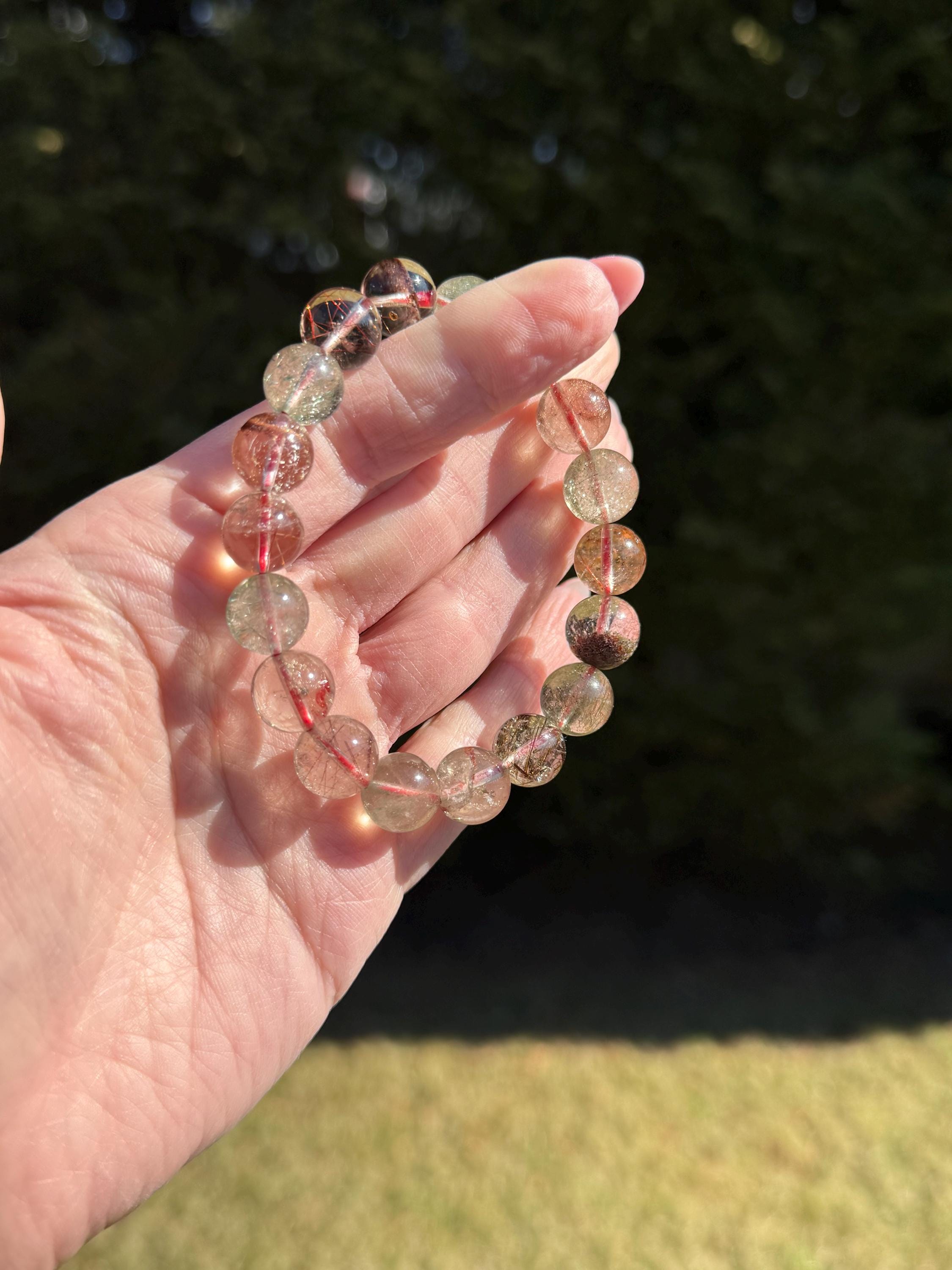 Garden Quartz Stretch Beaded Bracelet • Chlorite Inclusion Crystal Beaded Jewelry (11.5mm)