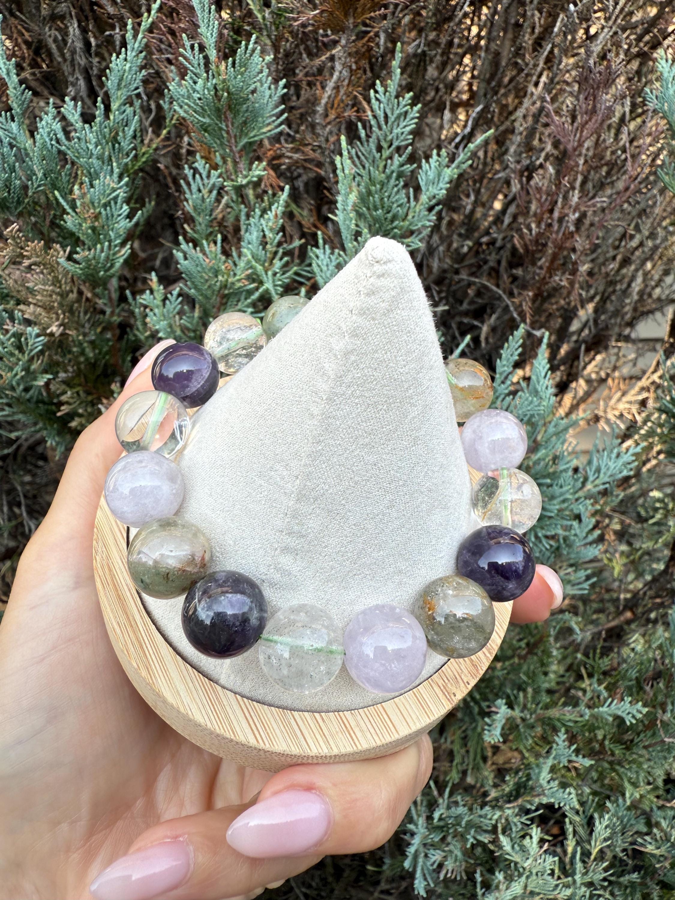 Garden Quartz, Purple Amethyst, and Rose Quartz 14mm Gemstone Bracelet Balance Energy 8
