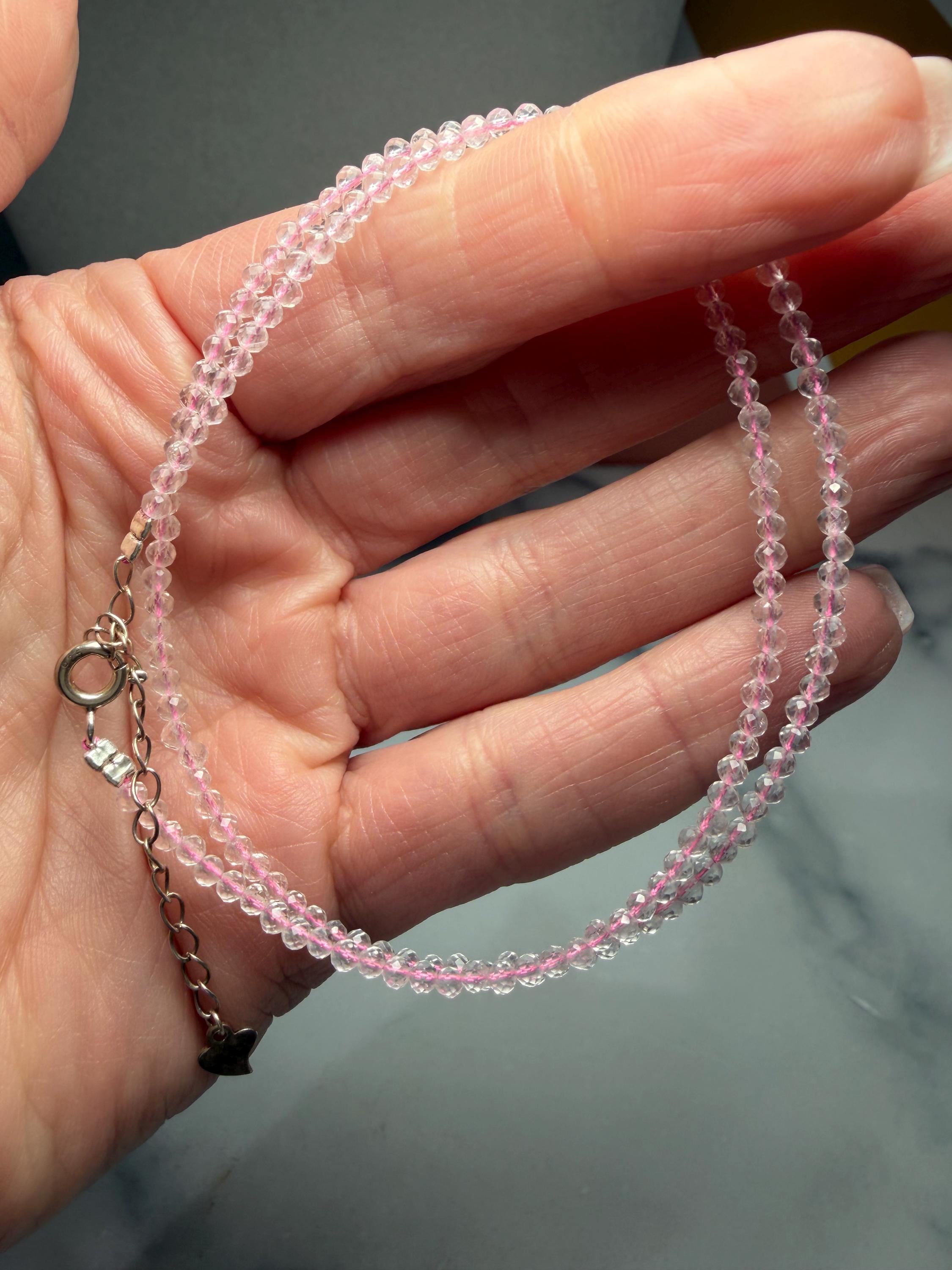 Faceted Rose Quartz Beaded Necklace, Sterling Silver Chain, Dainty Pink Gemstone, Adjustable Length 5