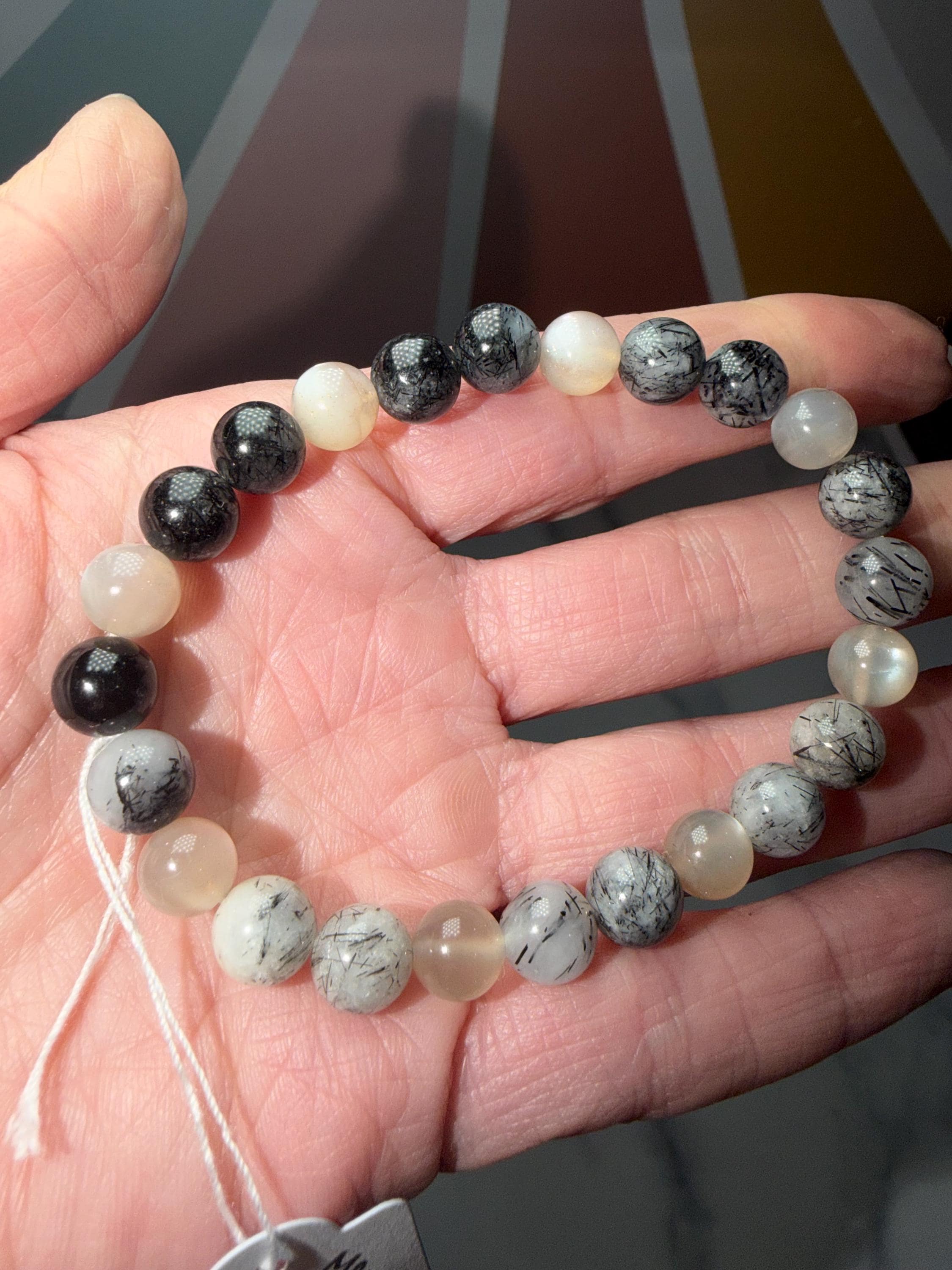 Moonstone and Tourmalated Quartz Stretch Beaded Bracelet, Intuition Protection Balance Jewelry (8.5mm) 8