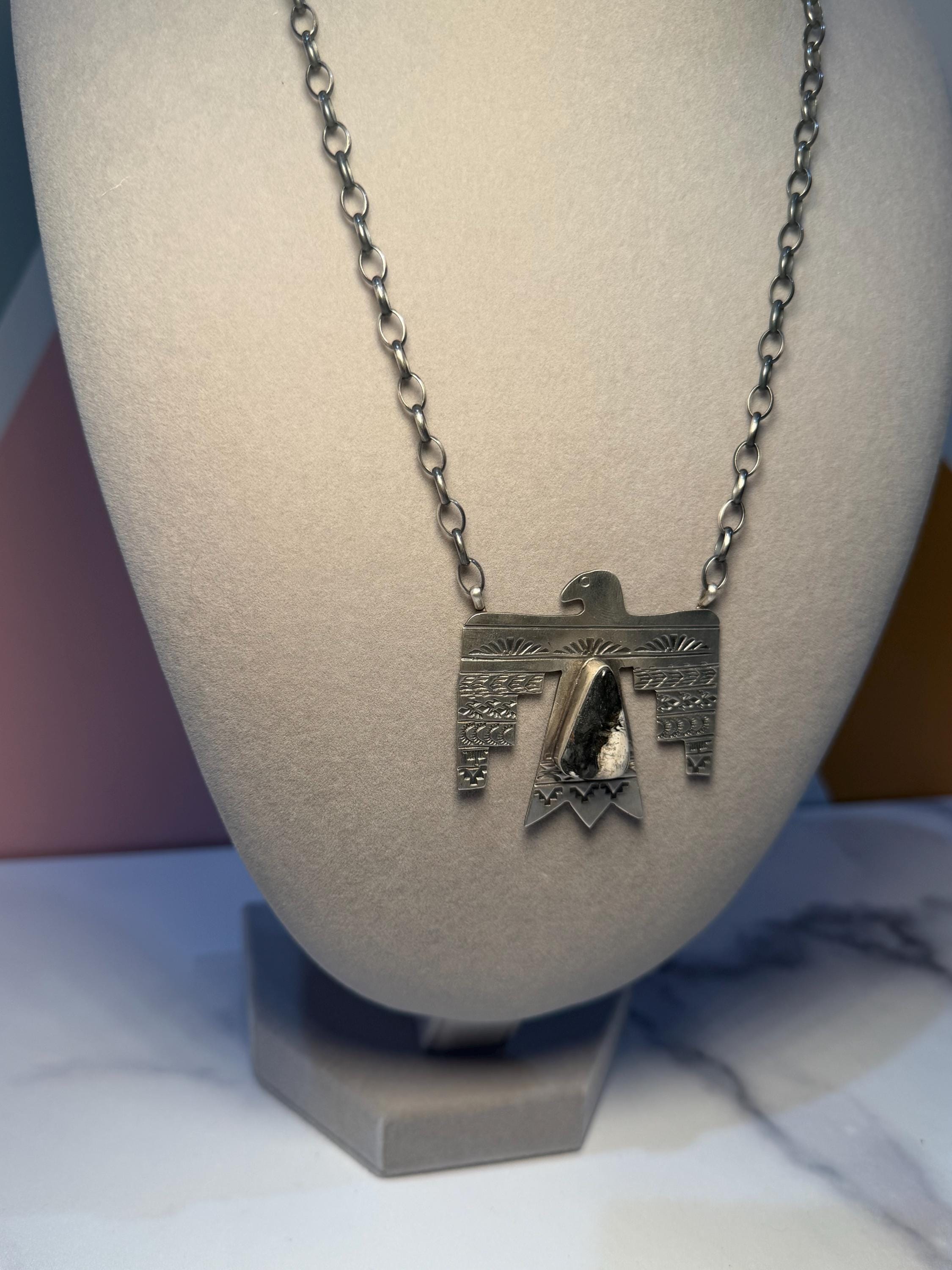 Sterling Silver Thunderbird Necklace, White Buffalo Stone, Southwest Pendant, Rick Enriquez, 18" Chain 5