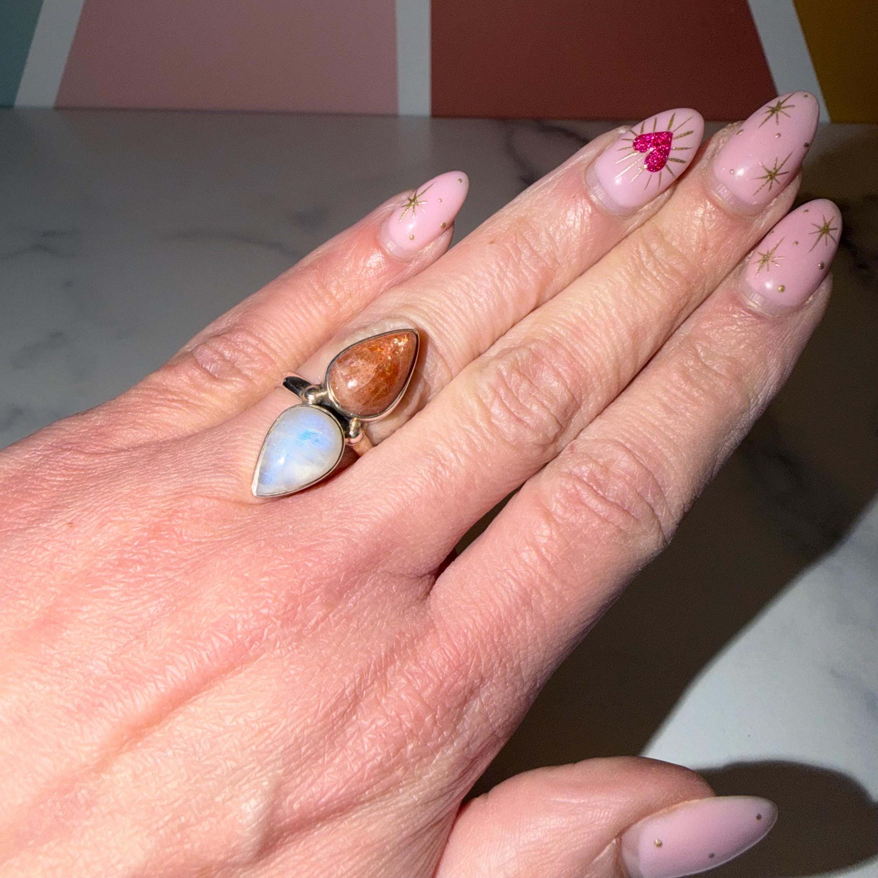 Sunstone & Moonstone Ring • 925 Sterling Silver • Size 6.25 • Celestial Gemstone Statement Ring • Boho Jewelry 4