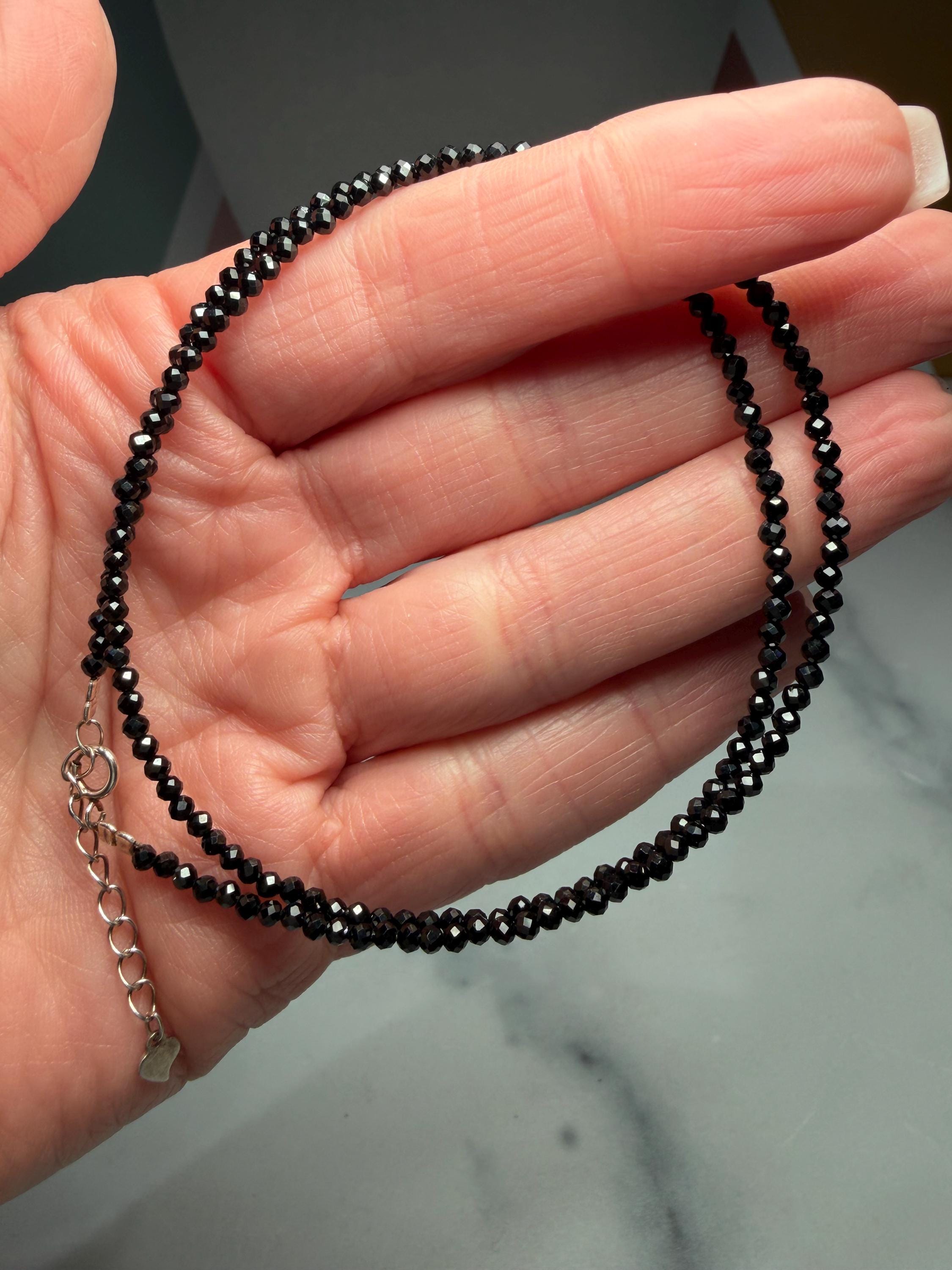 Faceted Black Spinel Beaded Necklace Sterling Silver Dainty Gemstone Chain (16 Inch + 1.5 Inch Extender) 2