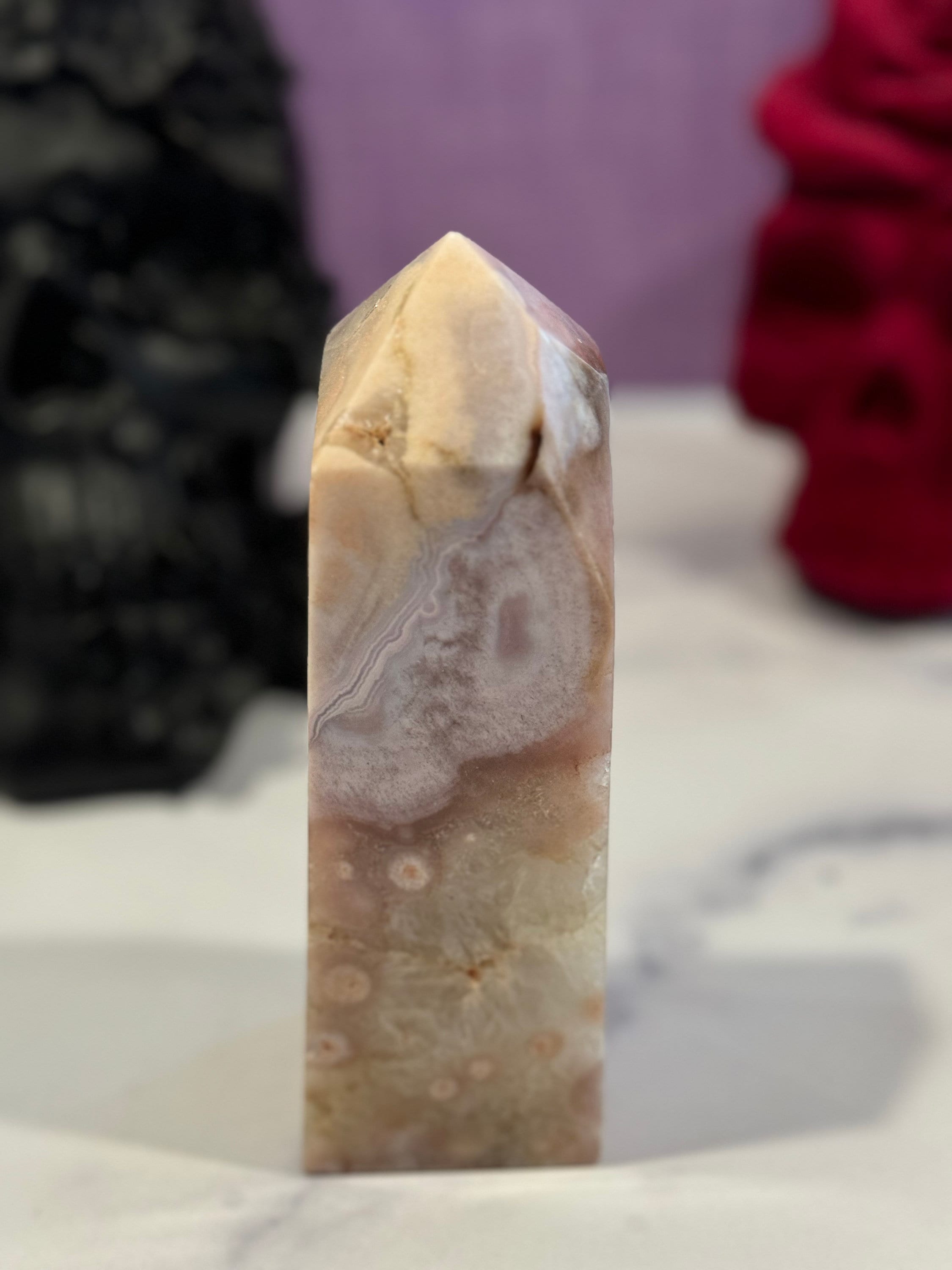 Pink Amethyst Flower Agate Druzy Crystal Tower • Polished Healing Stone Decor 5
