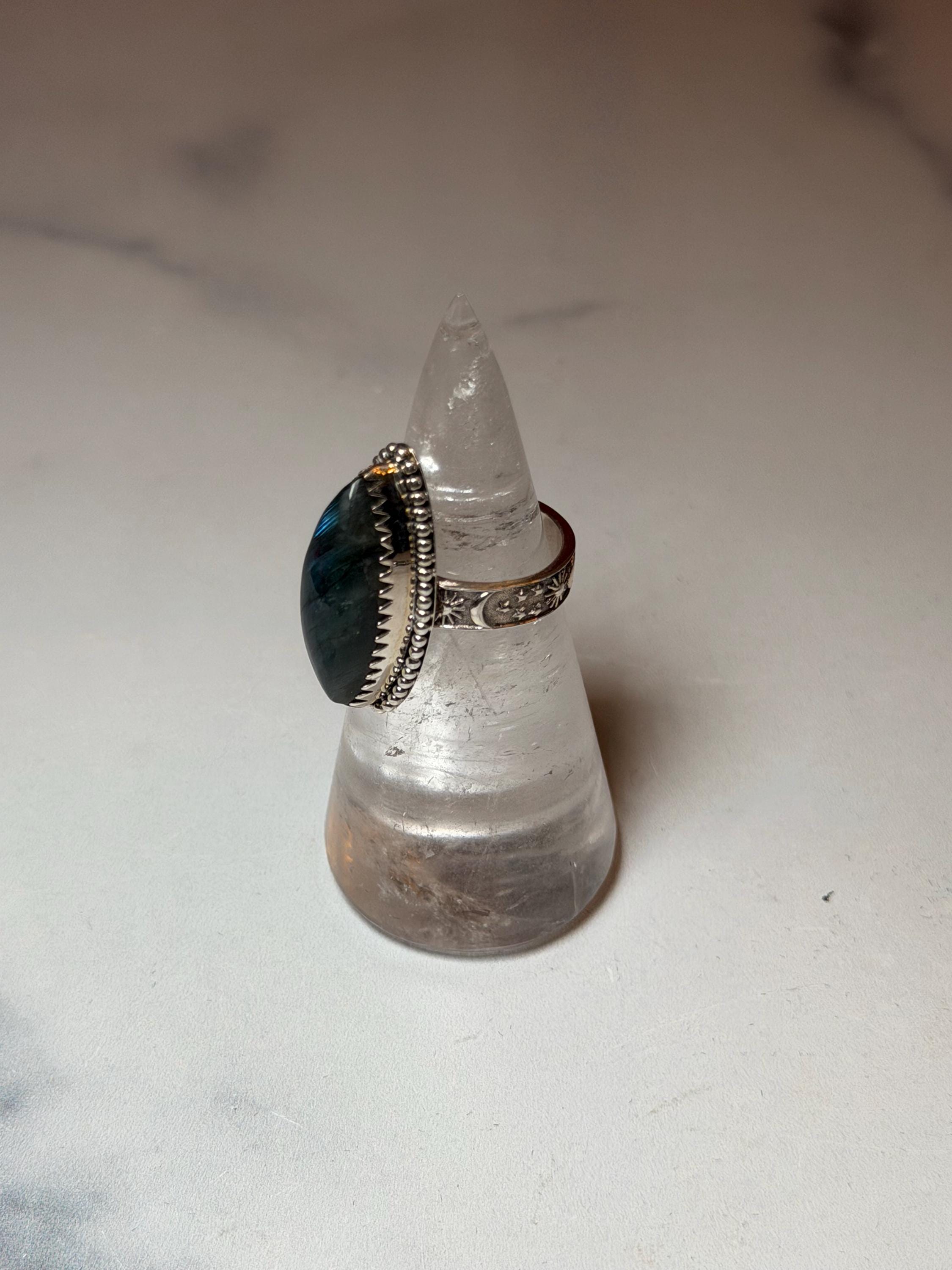 Marquis Labradorite Ring • Sterling Silver • Blue Green Flash Gemstone • Boho Statement Jewelry (size 6.5) 15
