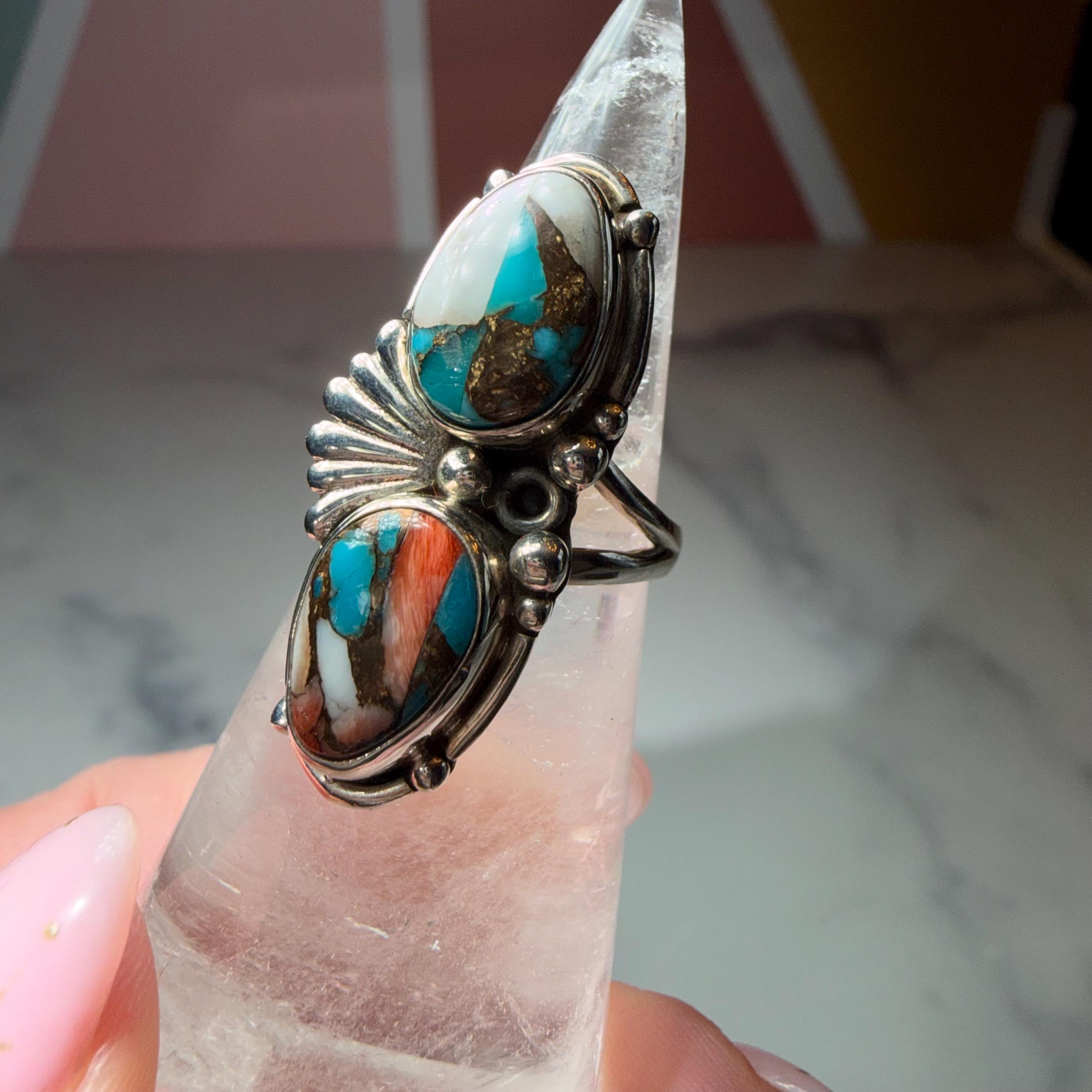 Spiny Oyster Turquoise Sterling Silver Statement Ring Size 7 Southwestern Style 2
