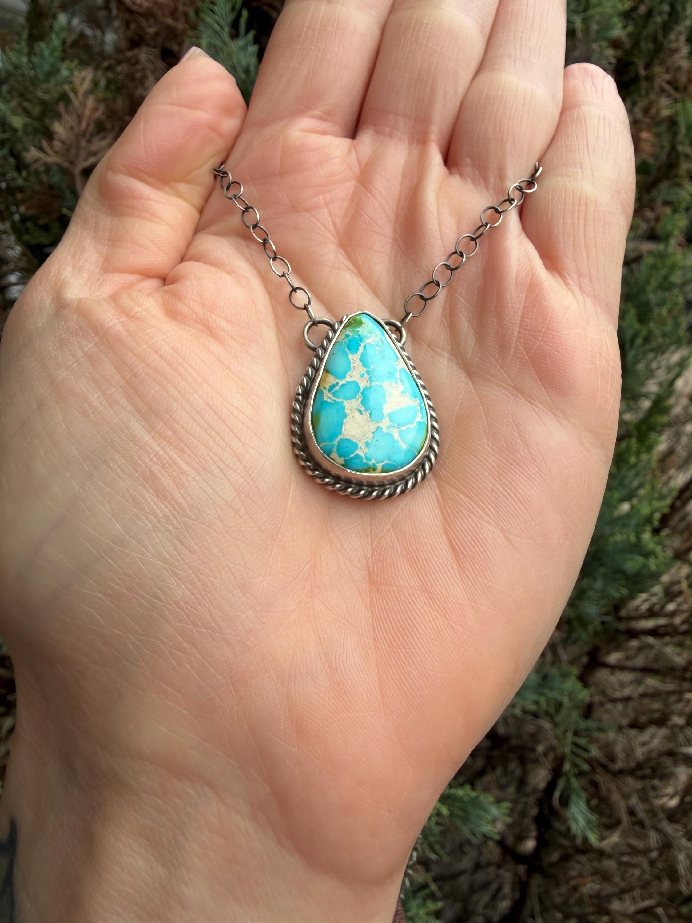Sonoran Gold Turquoise Teardrop Bar Necklace, Sterling Silver, Southwest Artisan Stamped, 19.5 Inch Chain 2