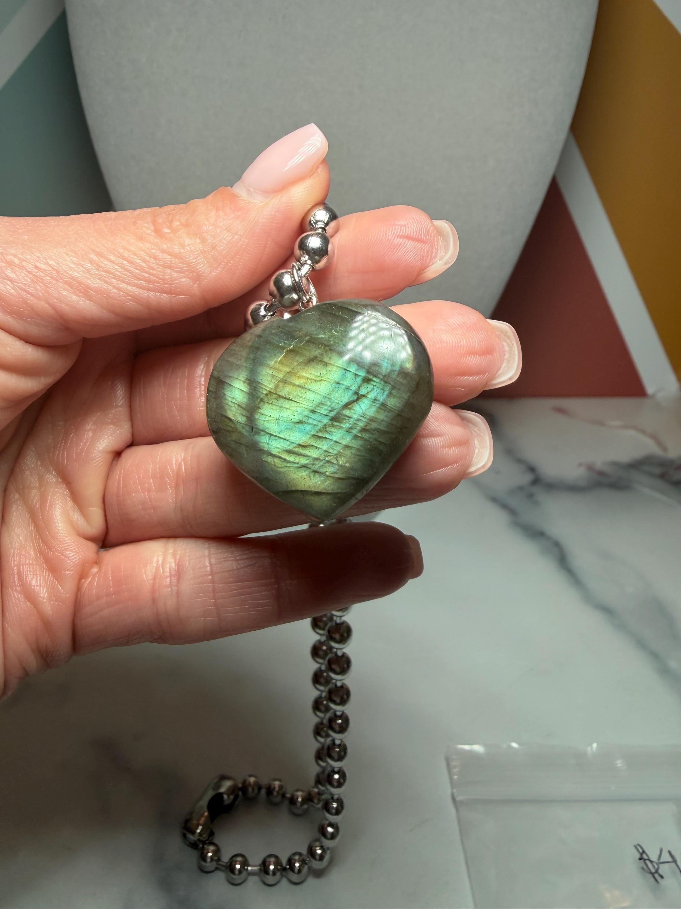 Labradorite Heart Pendant Necklace, Sterling Silver Ball Chain, 17 Inch Gemstone Jewelry 10