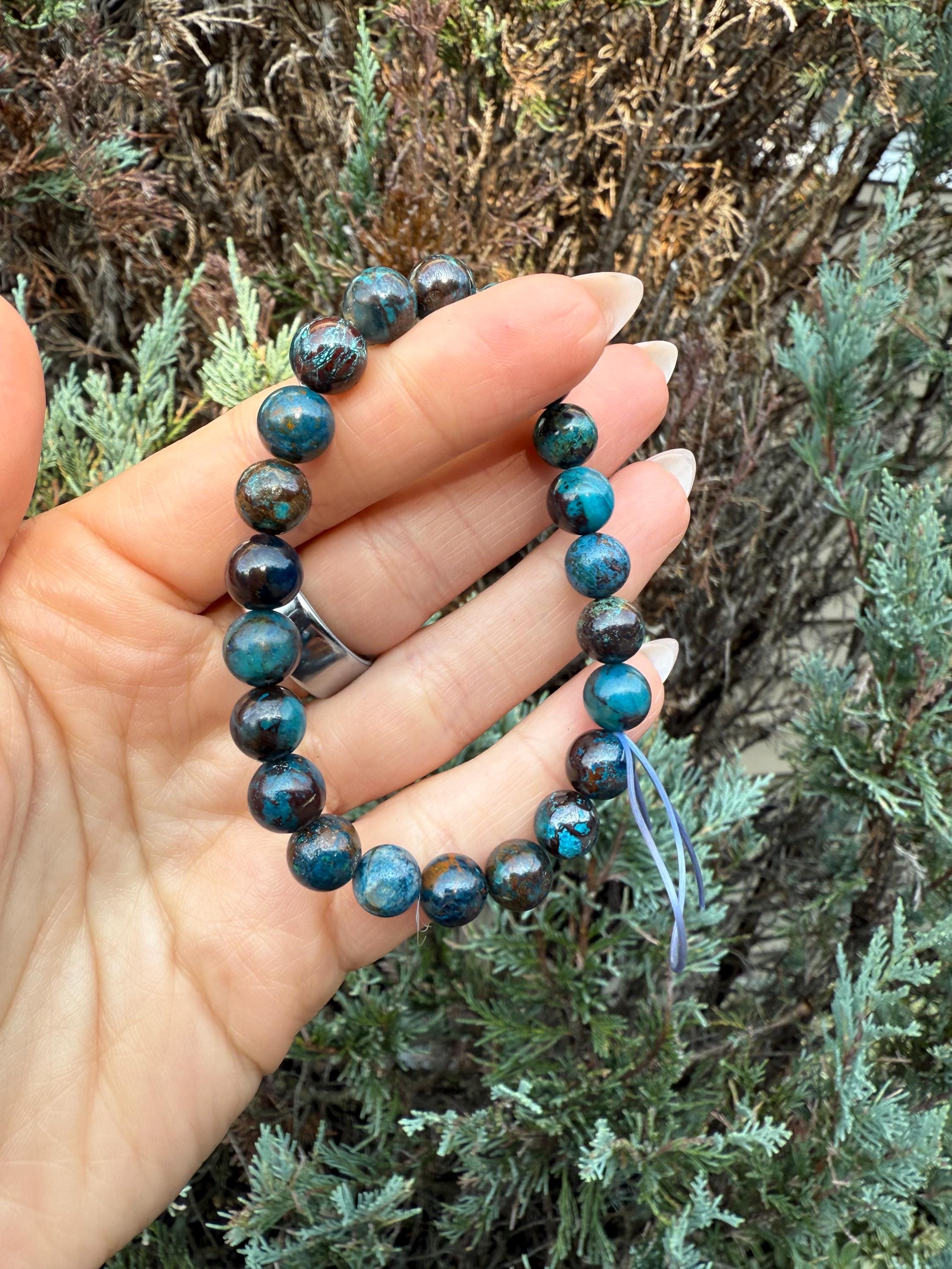 Azurite Chrysocolla Malachite Beaded Stretch Bracelet, Natural Gemstone Healing Jewelry 6