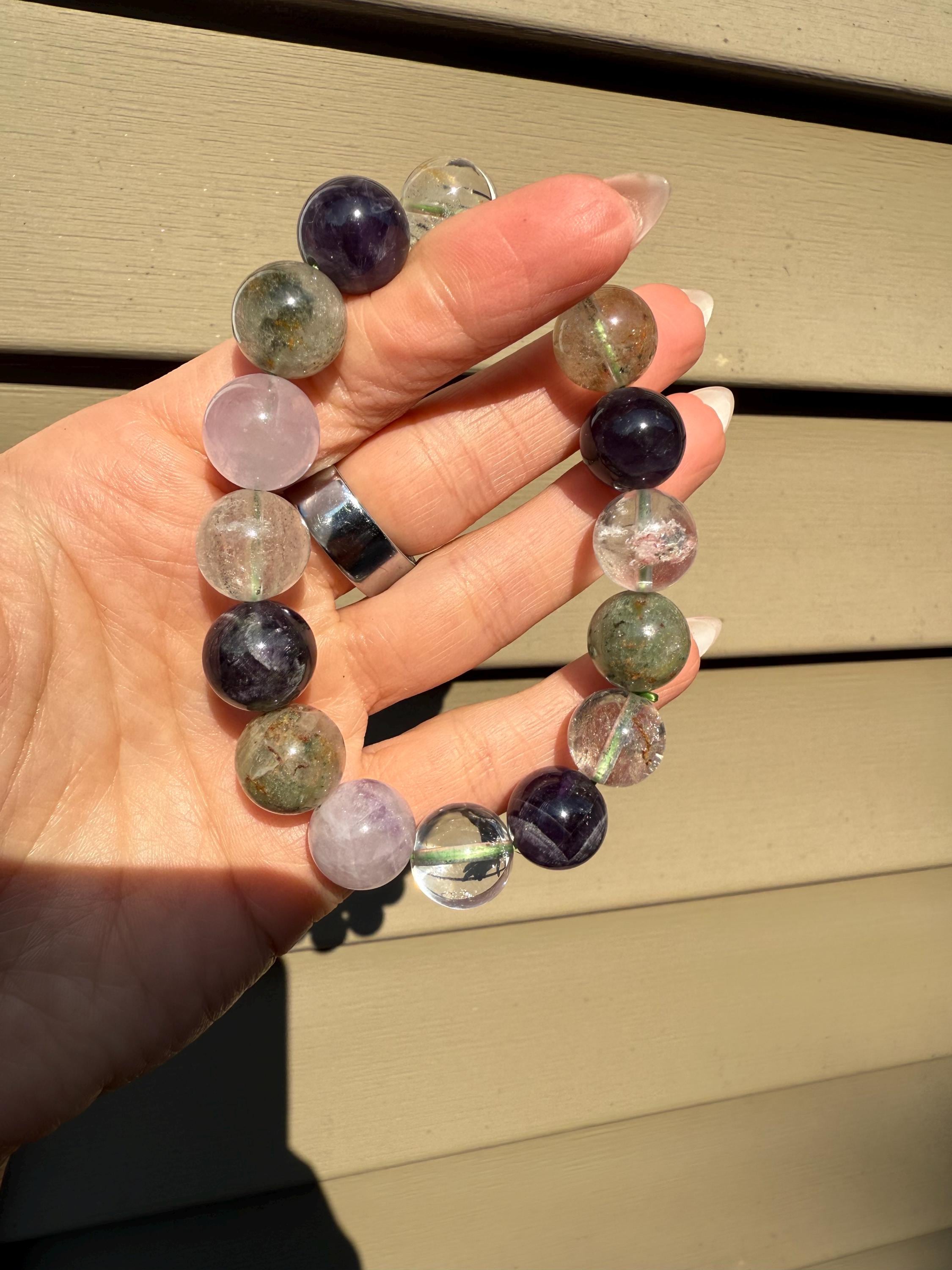 Garden Quartz, Purple Amethyst, and Rose Quartz 14mm Gemstone Bracelet Balance Energy 4
