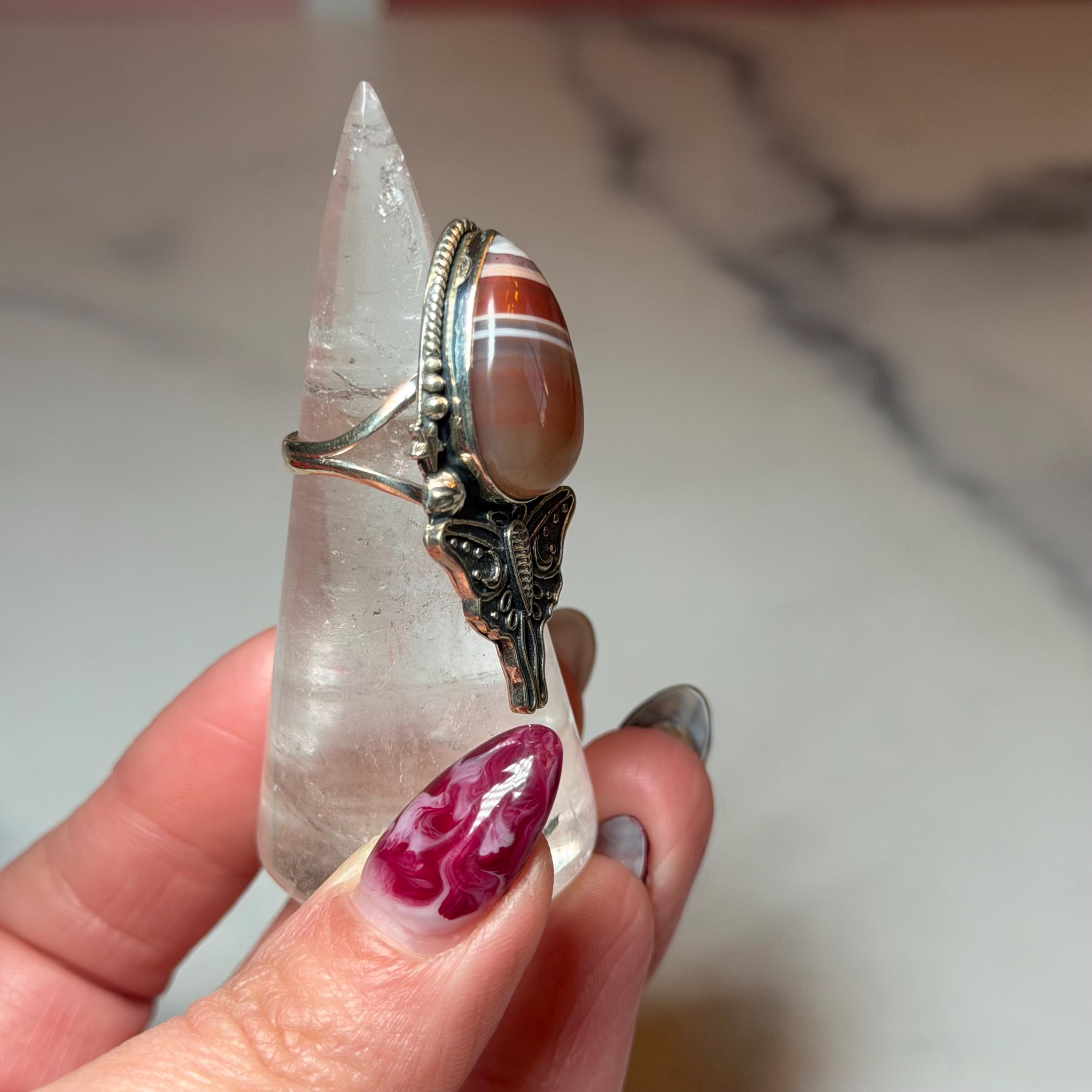 Botswana Agate Luna Moth Ring • Sterling Silver • Celestial Boho Statement Jewelry (size 7) 4
