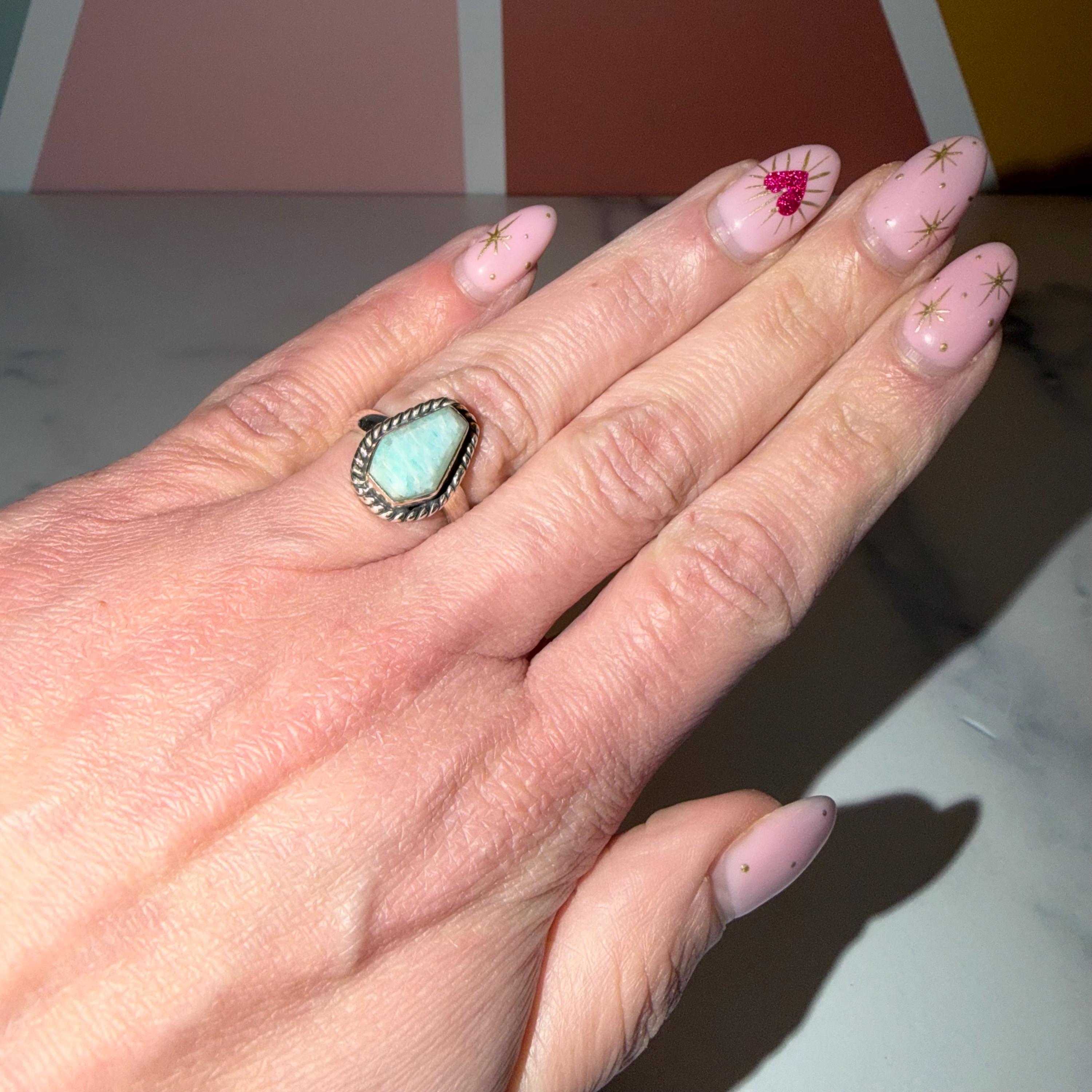 Amazonite Coffin Ring • 925 Sterling Silver • Size 6 • Gothic Gemstone Ring • Statement Crystal Jewelry • Boho Witchy Ring 3