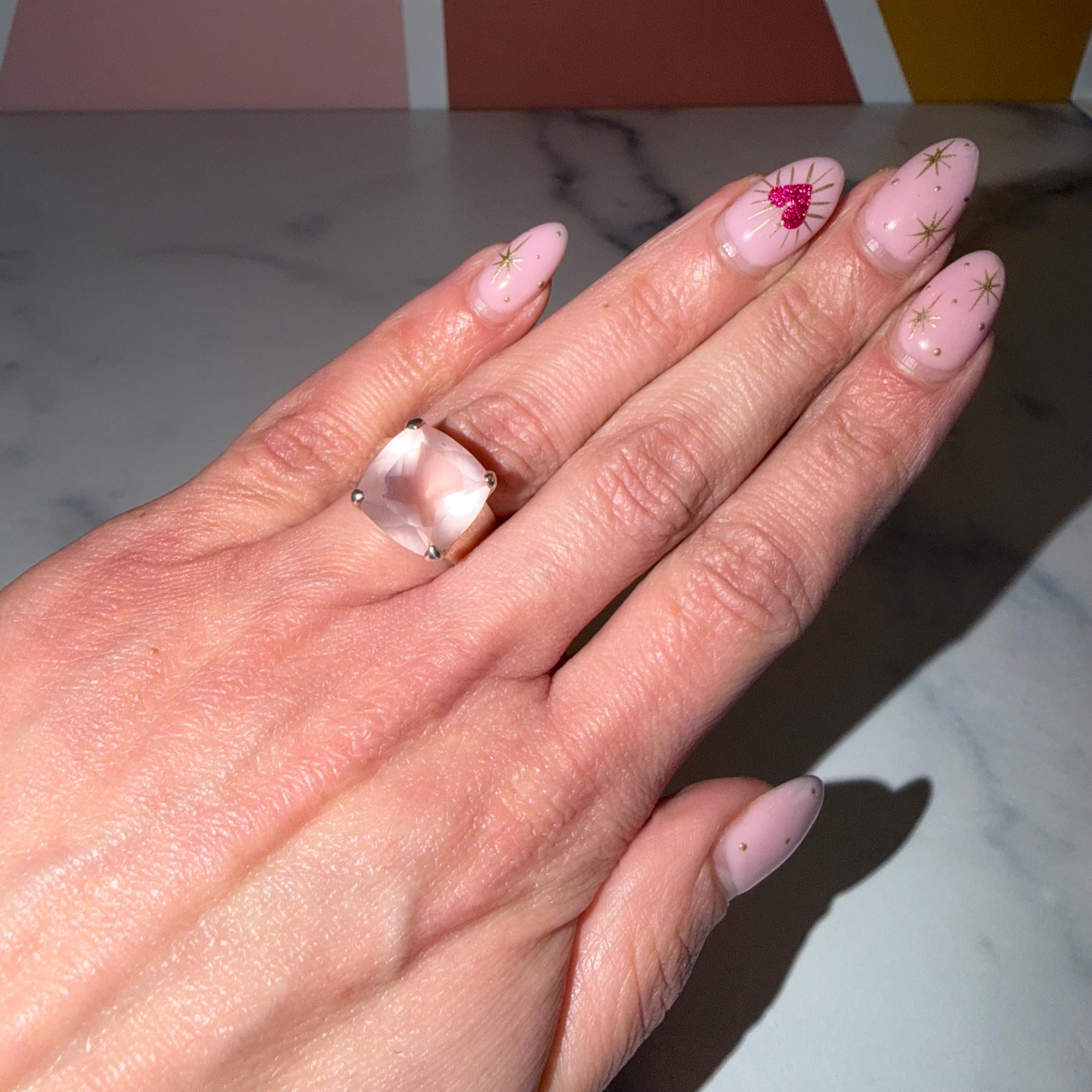 Faceted Rose Quartz Square Ring, Sterling Silver, Love Stone Jewelry (Size 6) 3