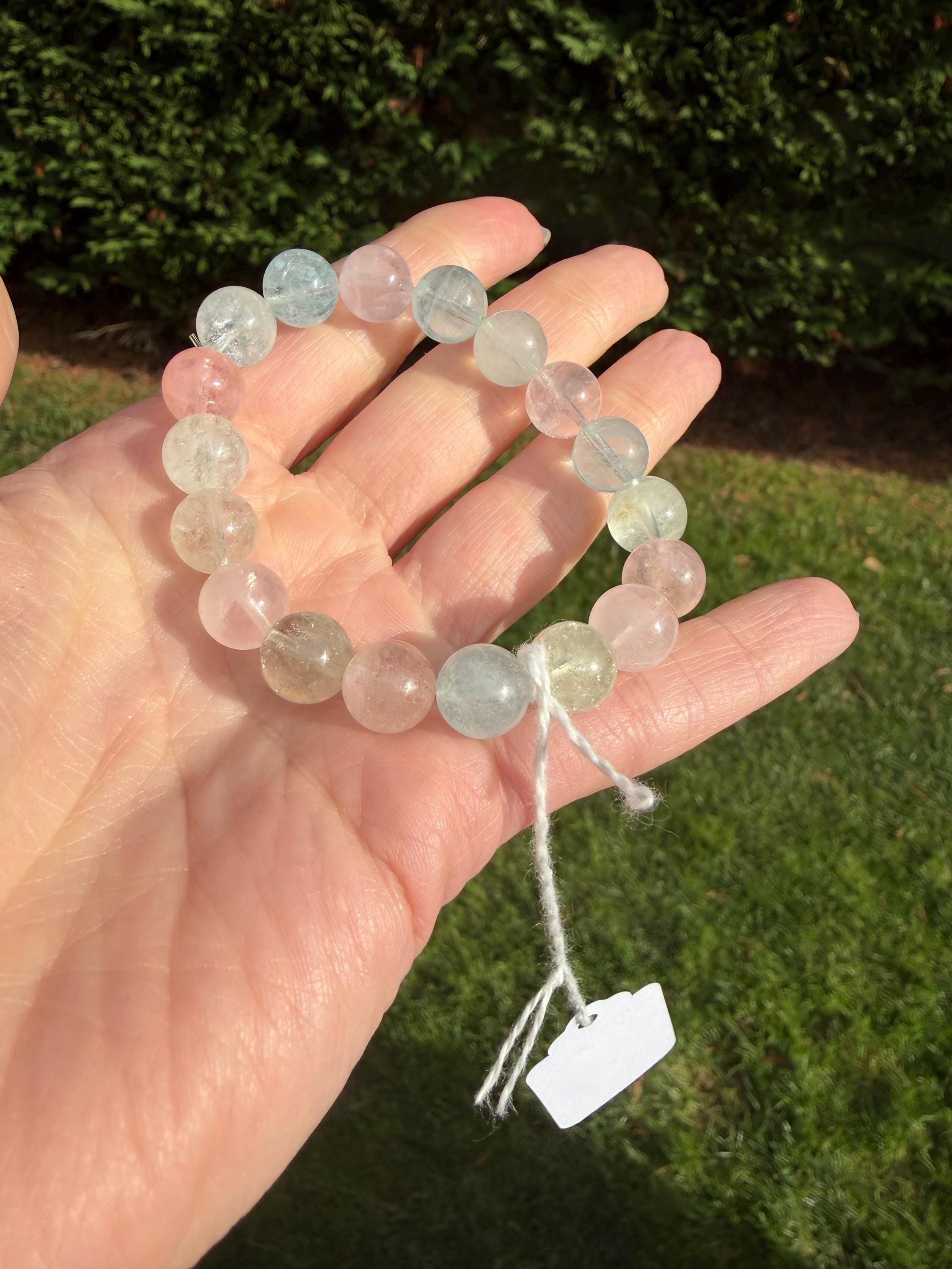 Mixed Beryl Beaded Bracelet 10mm • Aquamarine Morganite Heliodor • Crystal Healing Jewelry • Feminine Energy Bracelet 8