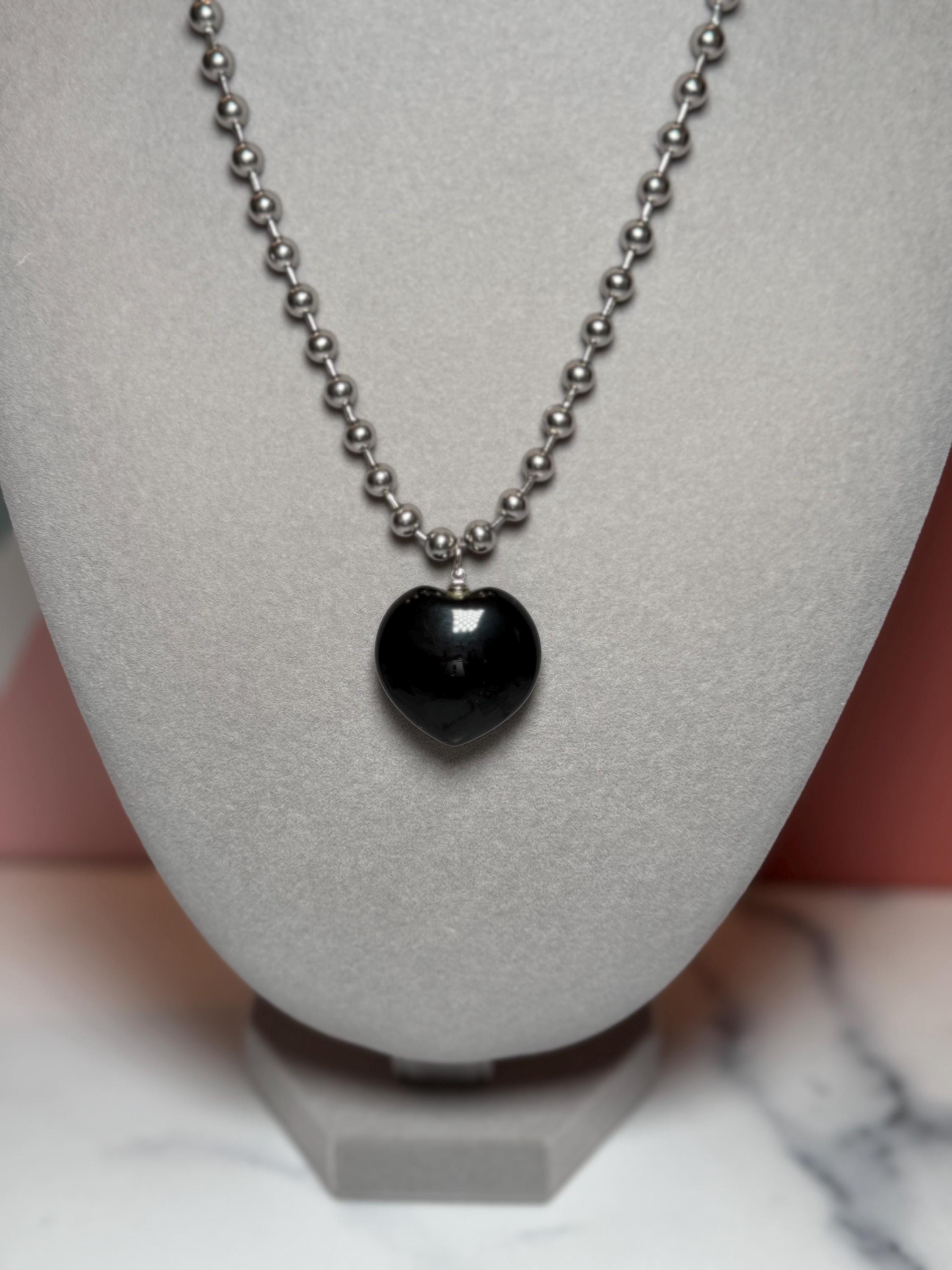 Black Obsidian Heart Necklace, Sterling Silver Ball Chain, 17 Inch Pendant 2